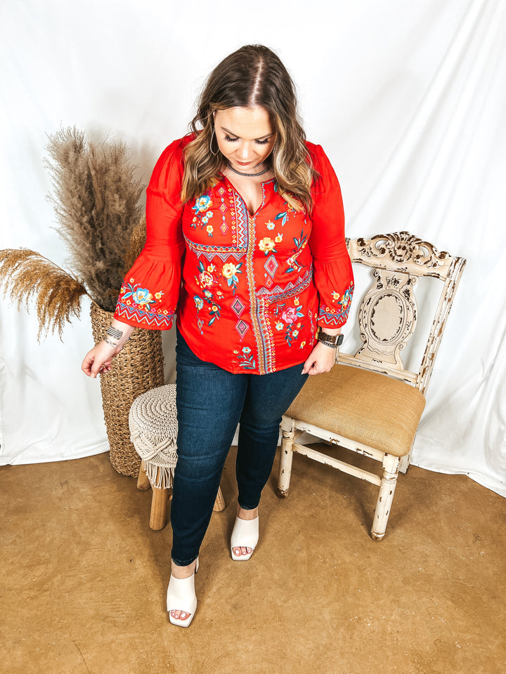 Light the Way 3/4 Sleeve Embroidered Top with Notched Neck in Red - Giddy Up Glamour Boutique