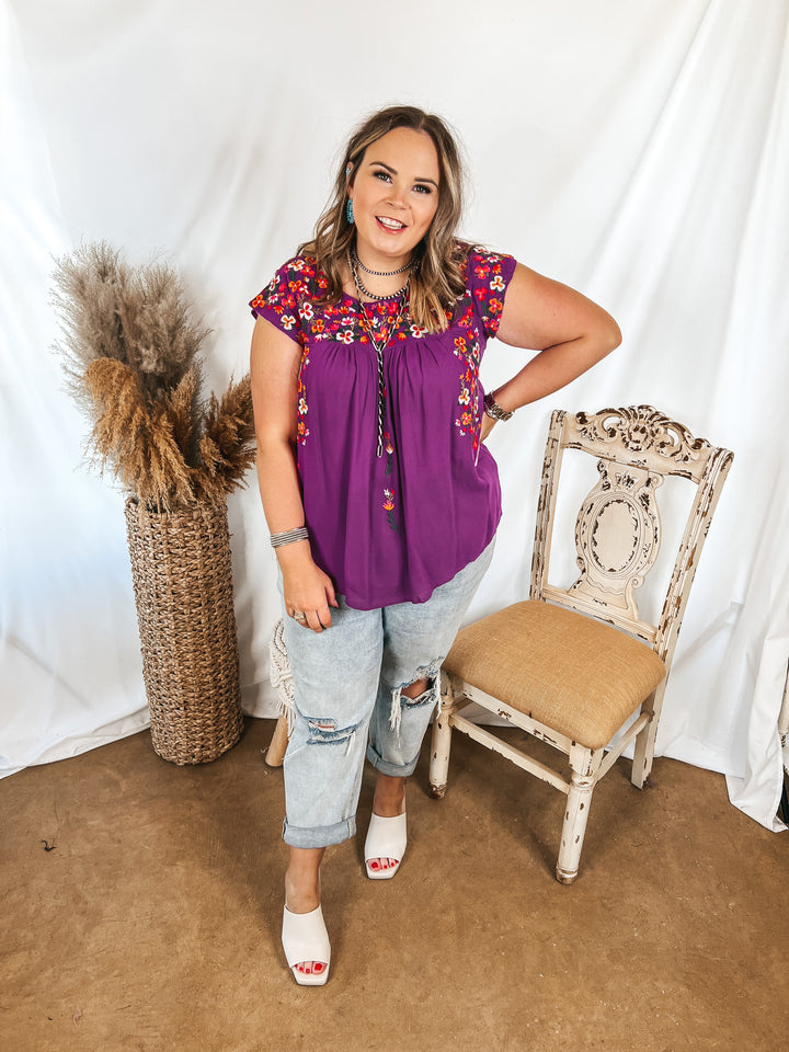 Lajitas Lady Floral Embroidered Babydoll Top in Purple - Giddy Up Glamour Boutique