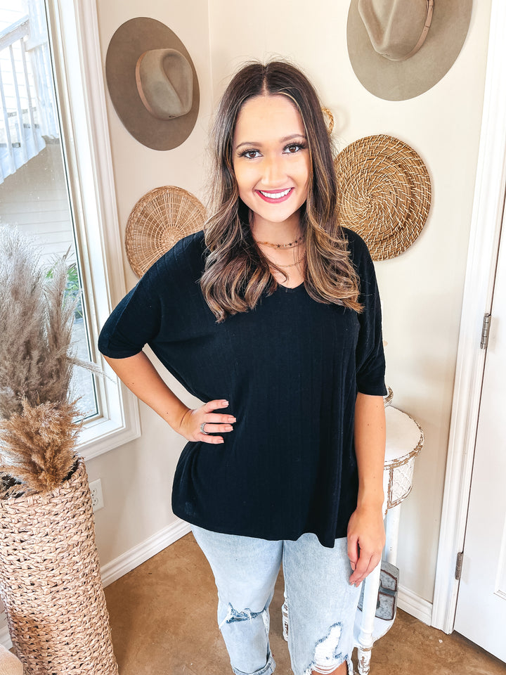 No Secrets V Neck Ribbed Poncho Top in Black - Giddy Up Glamour Boutique