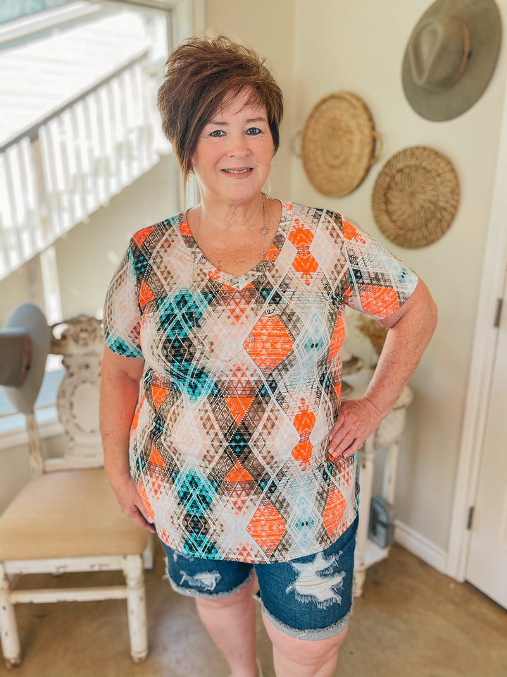 Last Chance Small | Keep Things Simple Aztec V Neck Tee in Mint and Orange - Giddy Up Glamour Boutique