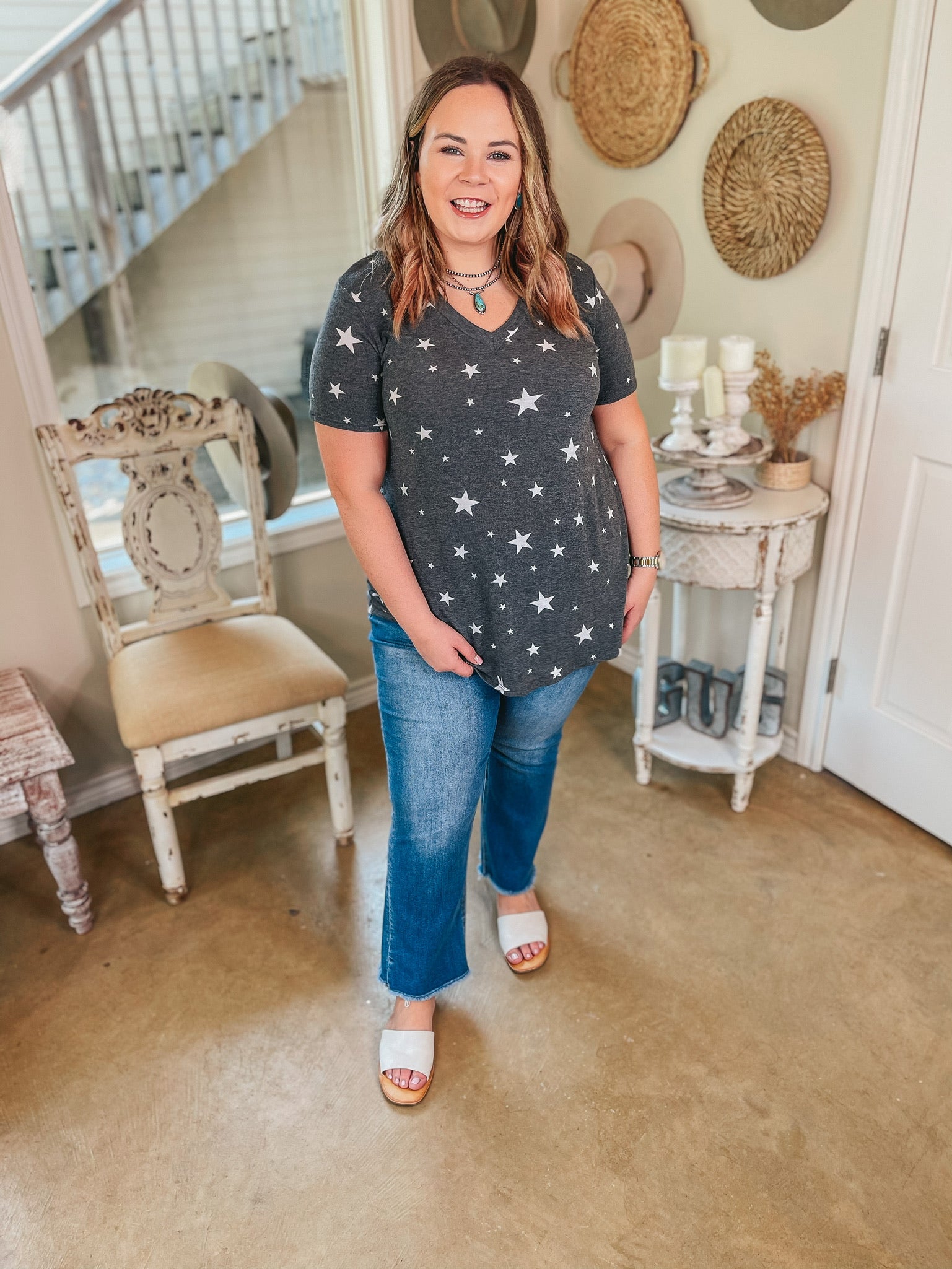 Keep Things Simple Star Print V Neck Tee in Grey - Giddy Up Glamour Boutique