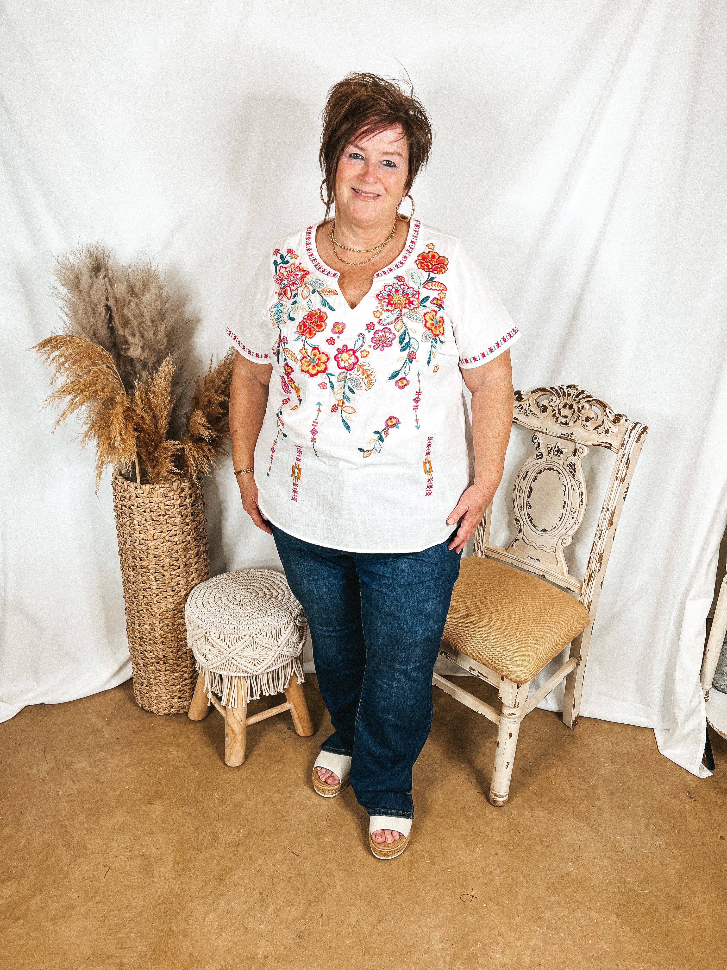 Shaken or Stirred Floral Embroidered Notched Neck Top in White - Giddy Up Glamour Boutique