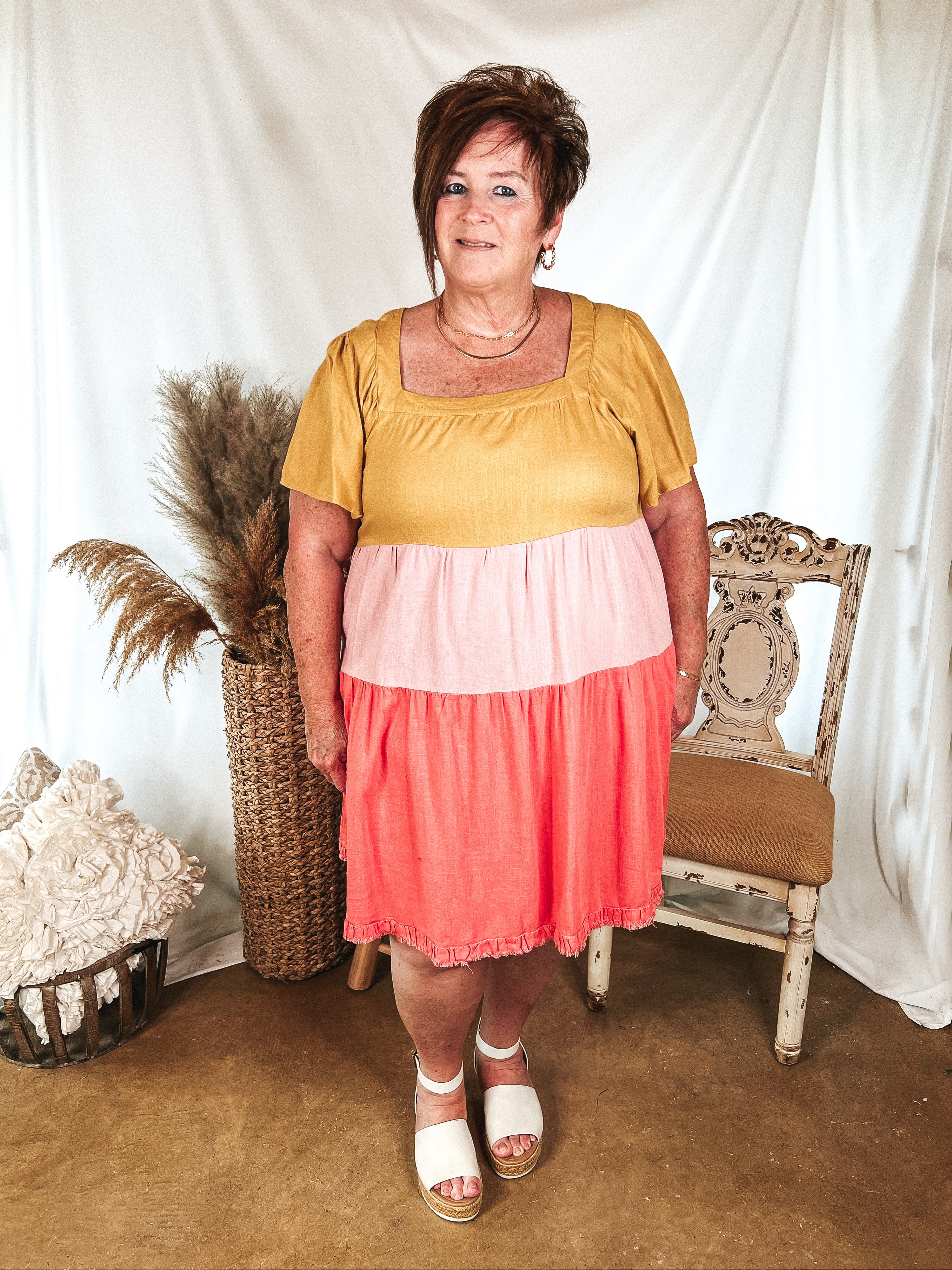 Promised Love Square Neck Color Block Dress in Mustard Yellow and Pink - Giddy Up Glamour Boutique