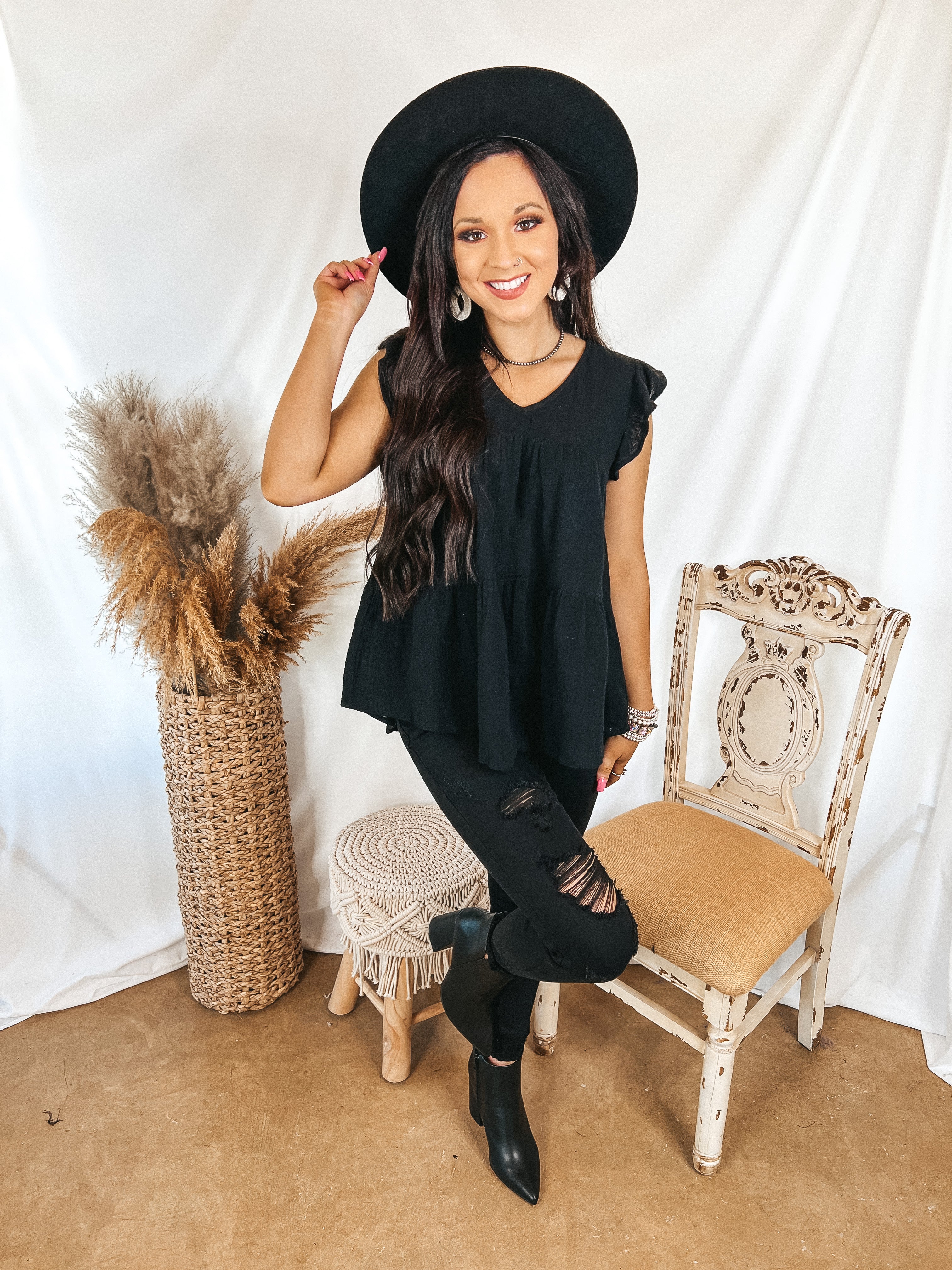 Stay Wonderful Solid Tiered Top with Ruffle Cap Sleeves in Black - Giddy Up Glamour Boutique