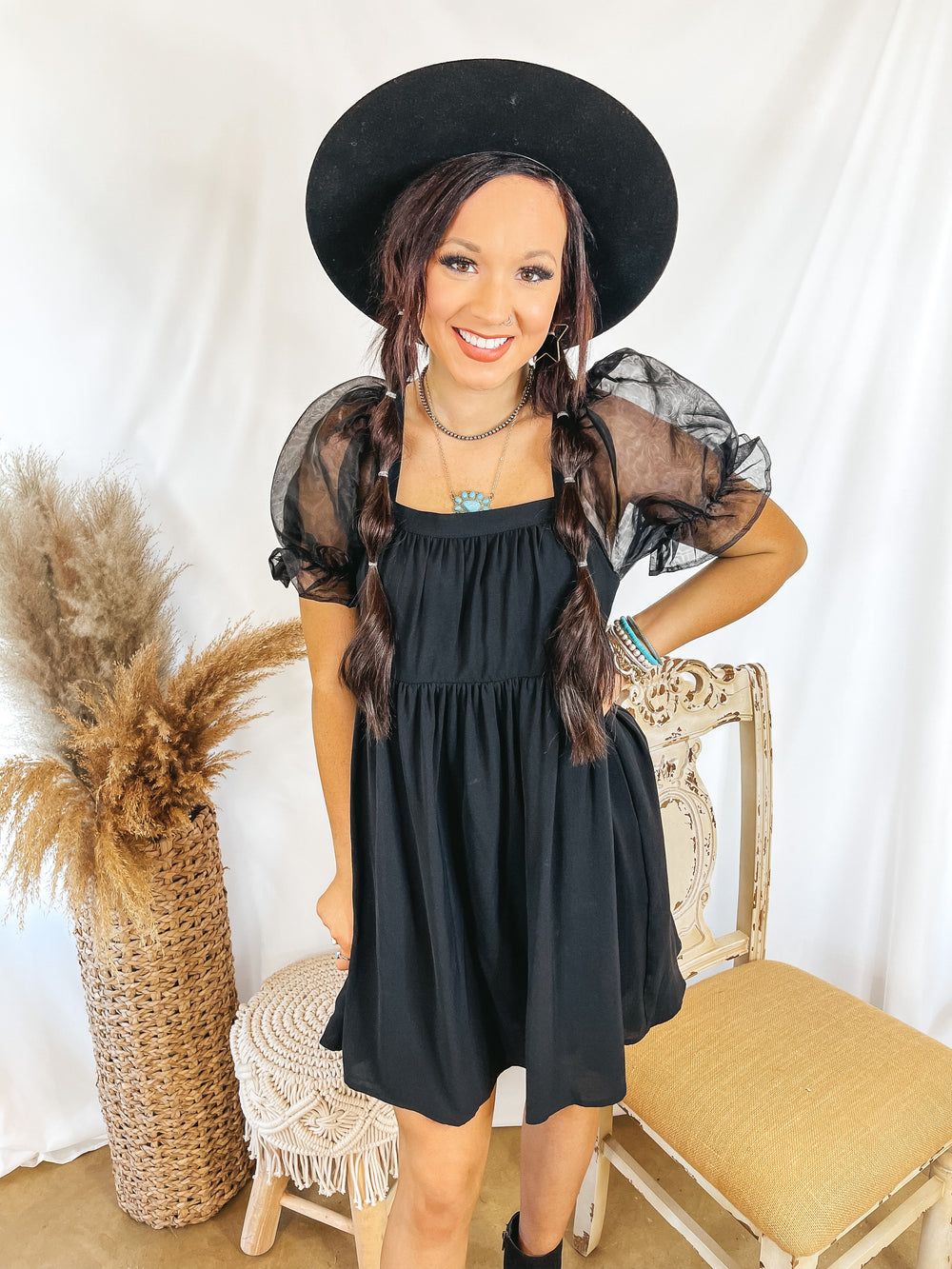 Seasonal Spice Puff Sleeve Babydoll Dress in Black - Giddy Up Glamour Boutique