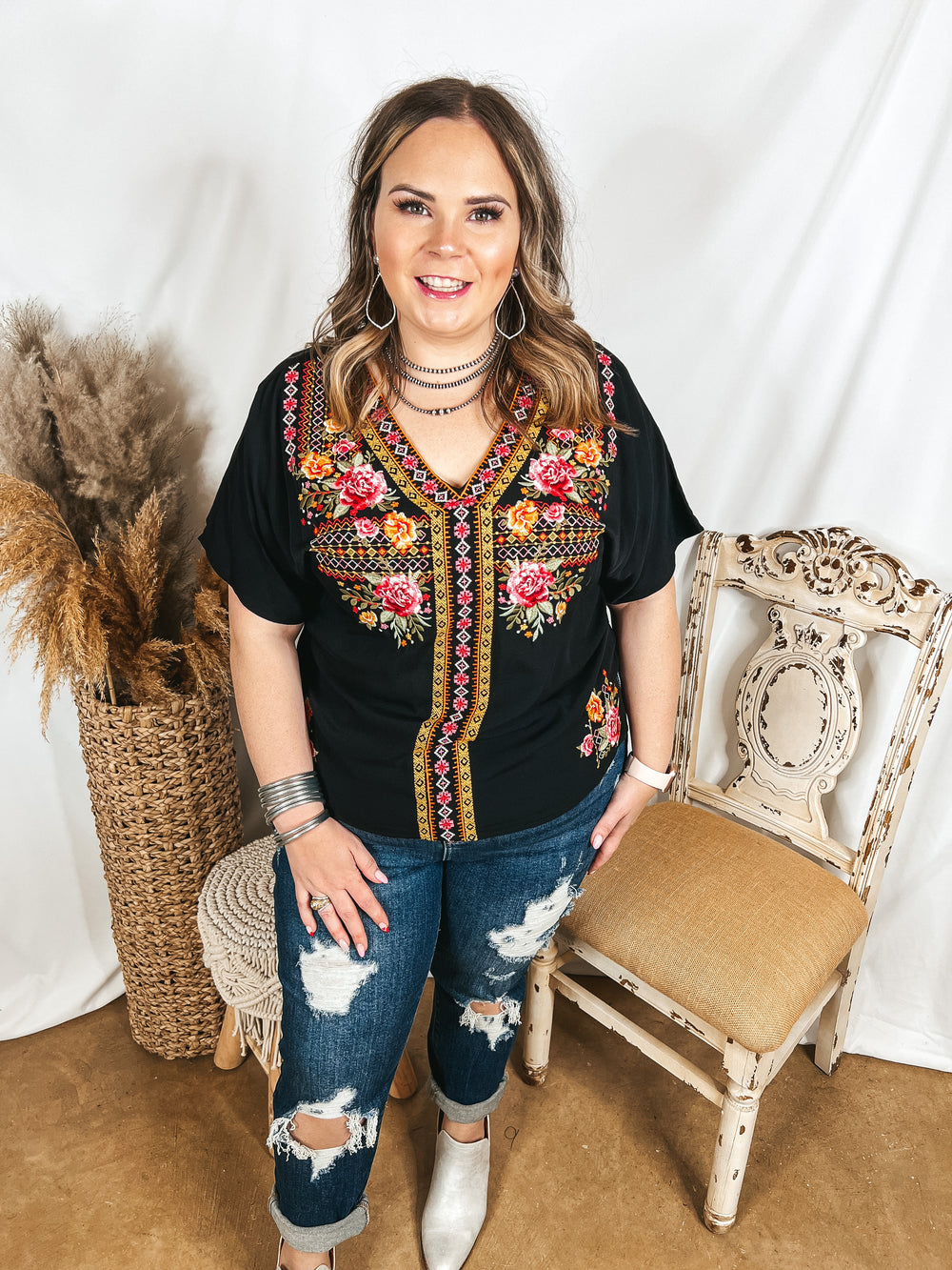 Time in Terlingua Southwest Embroidered Short Sleeve V Neck Top in Black - Giddy Up Glamour Boutique