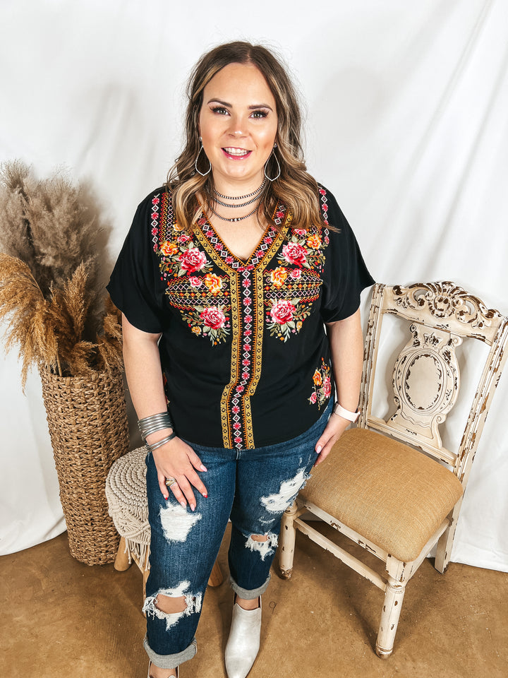 Time in Terlingua Southwest Embroidered Short Sleeve V Neck Top in Black - Giddy Up Glamour Boutique