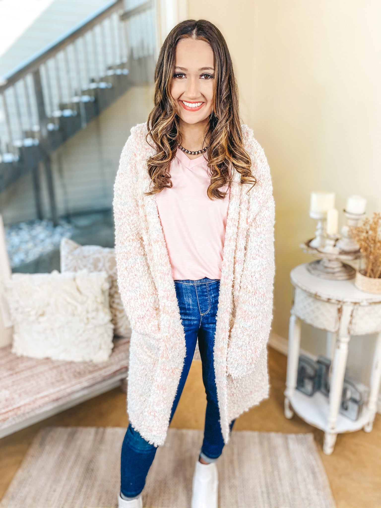 Cotton Candy Dreams Hooded Cardigan with Pastel Multi Stitching in Ivory - Giddy Up Glamour Boutique