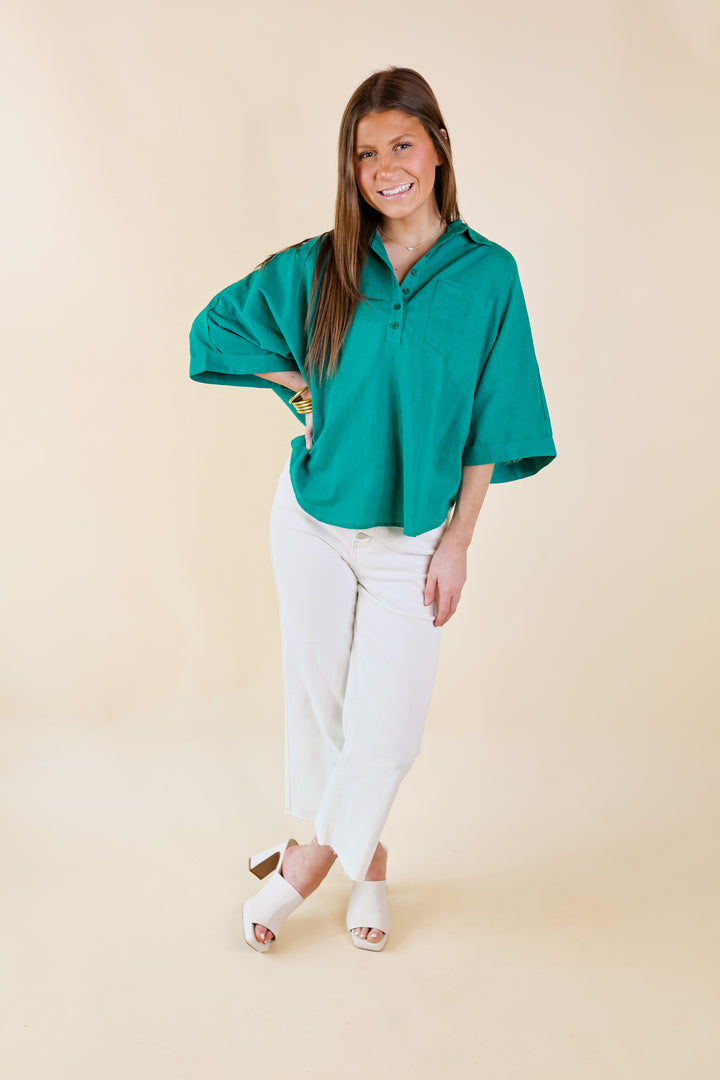 Sweet Surprise Half Button Up Poncho Top with Collared Neckline in Teal Green - Giddy Up Glamour Boutique