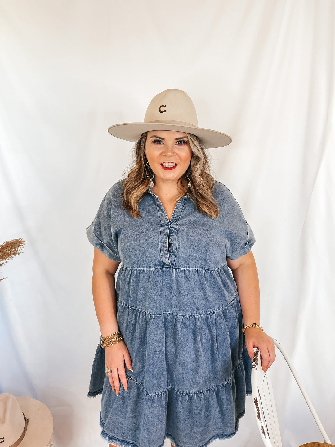 Wait List Tiered Denim Dress with Collared Neckline in Medium Wash - Giddy Up Glamour Boutique