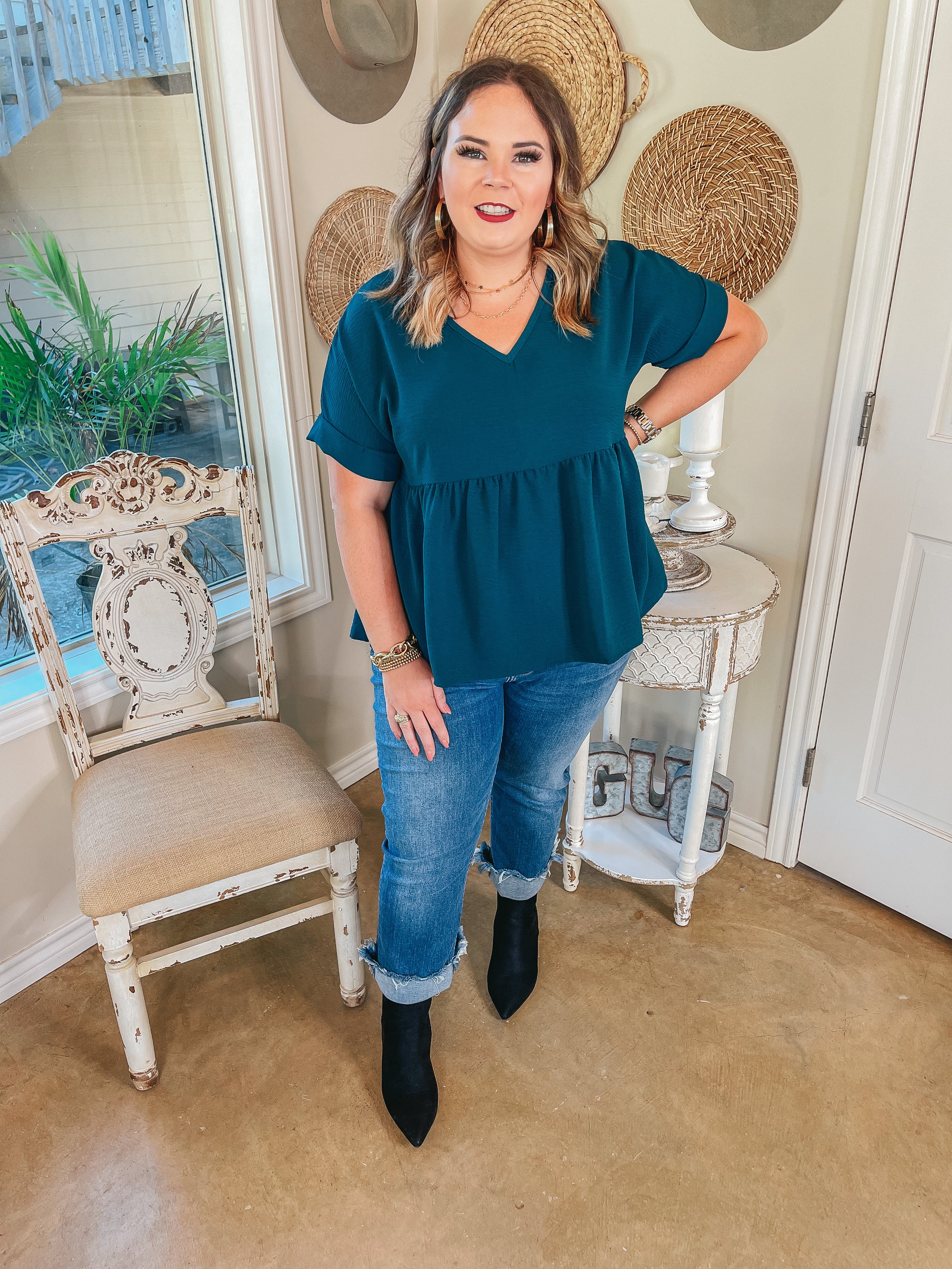 Touring the City Short Sleeve V Neck Babydoll Top in Teal - Giddy Up Glamour Boutique