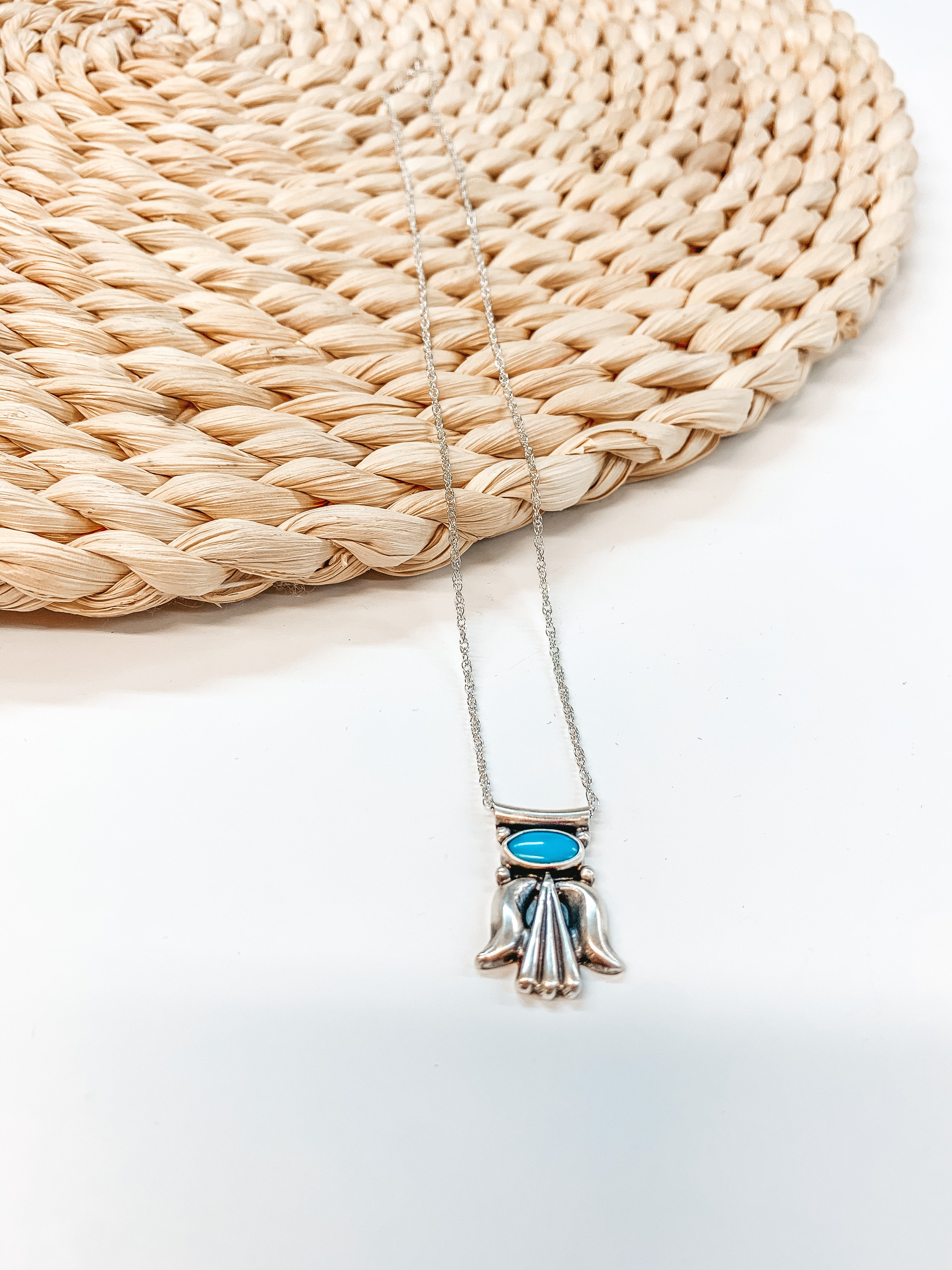 Lee Shorty | Navajo Handmade Genuine Sterling Silver and Kingman Turquoise Pendant Chain Necklace - Giddy Up Glamour Boutique