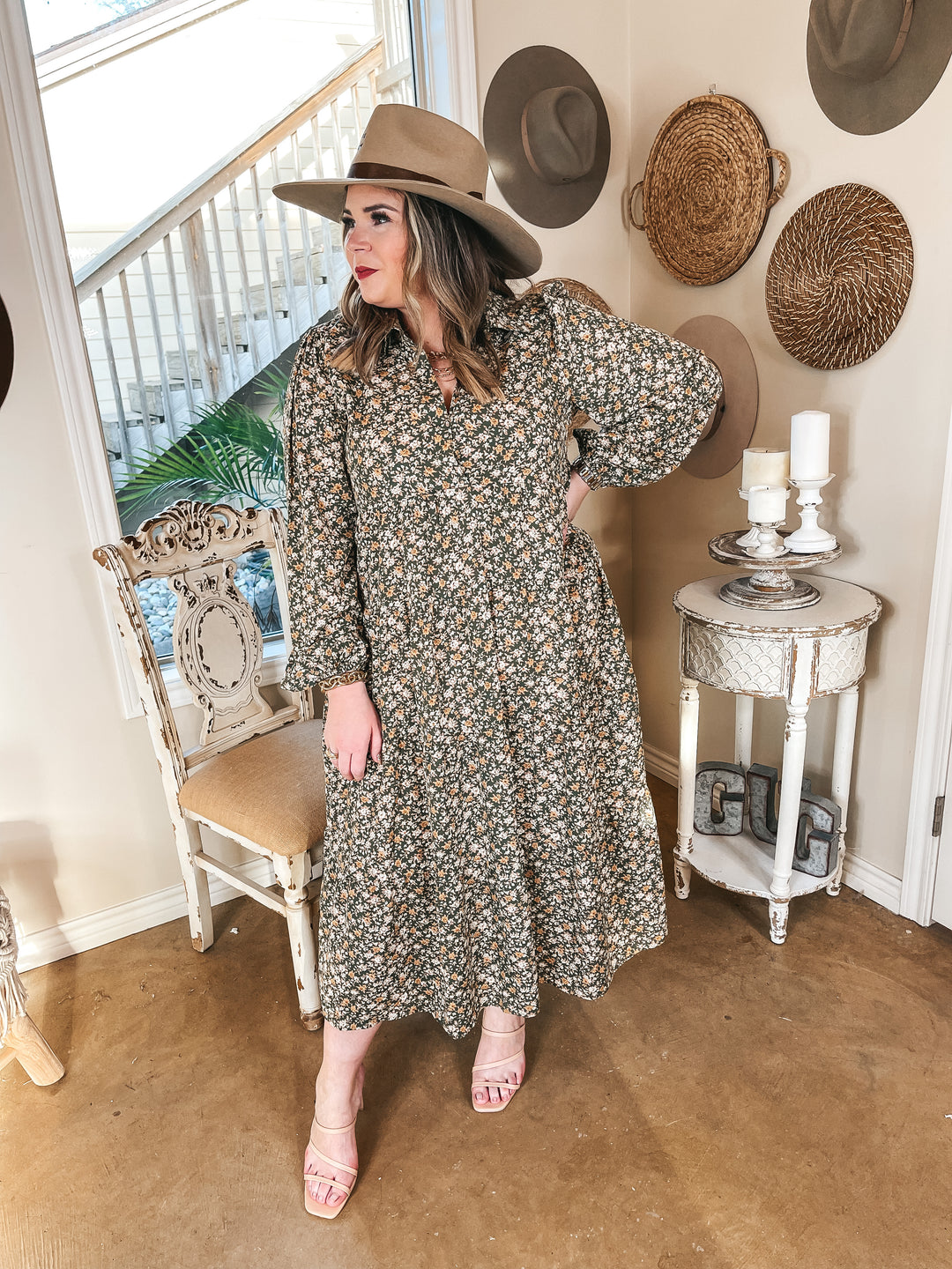 Love Song Long Sleeve Floral Midi Dress in Green - Giddy Up Glamour Boutique