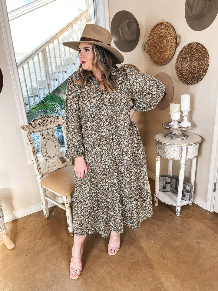 Love Song Long Sleeve Floral Midi Dress in Green - Giddy Up Glamour Boutique