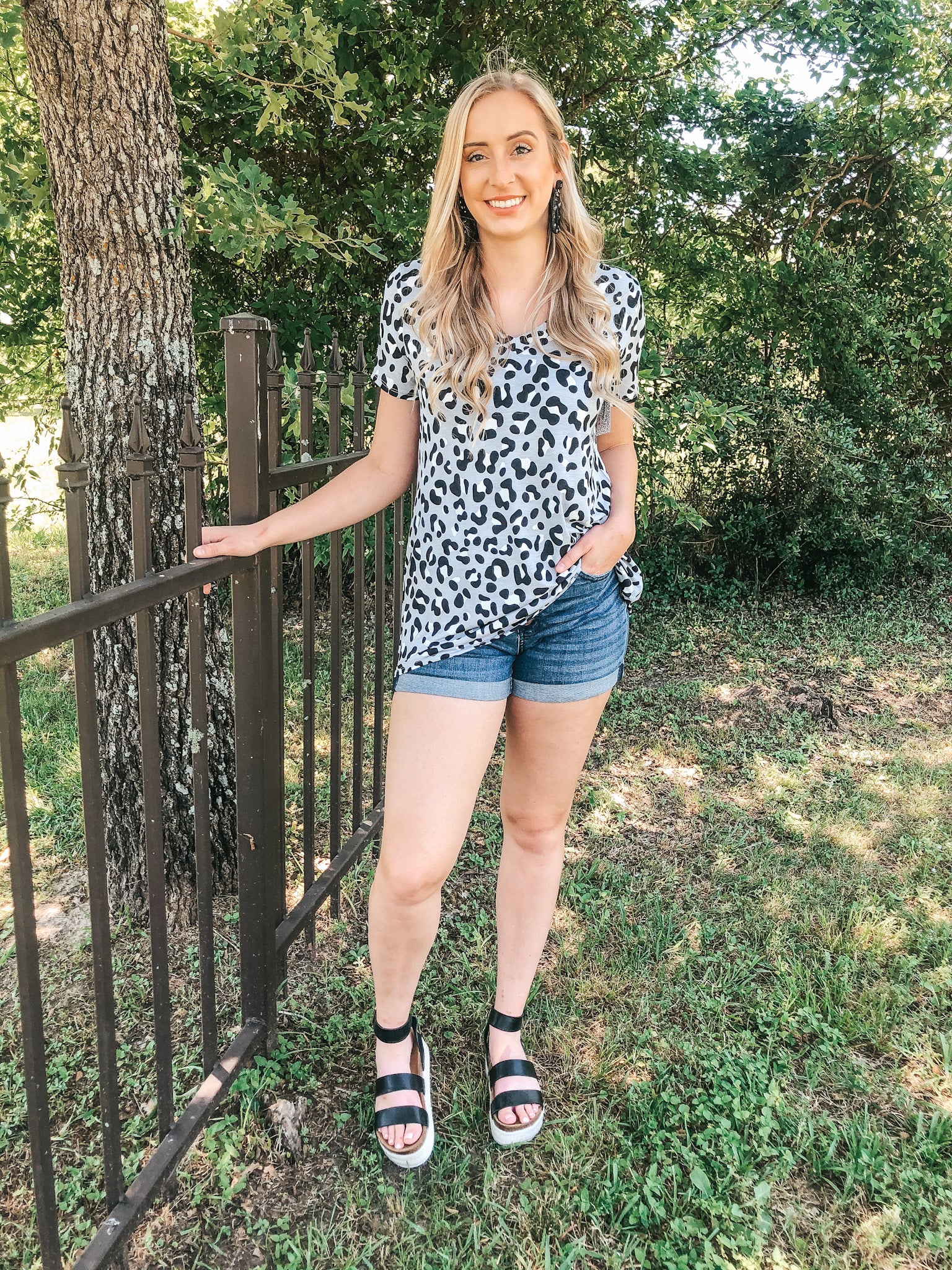 Keep Things Simple Leopard V Neck Tee in Grey - Giddy Up Glamour Boutique