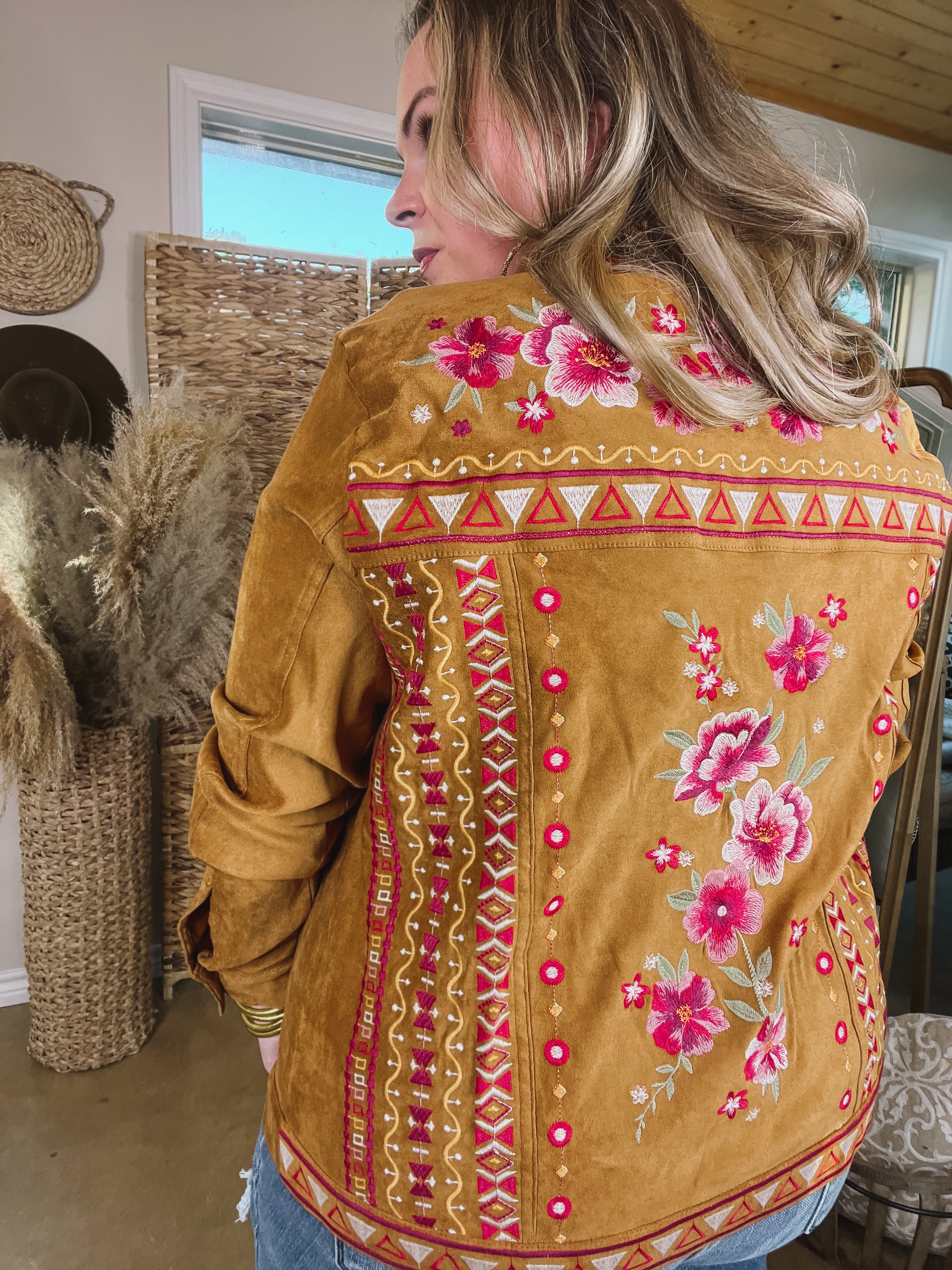 Small Town Girl Floral Embroidered Suede Button Up Jacket in Camel Brown - Giddy Up Glamour Boutique