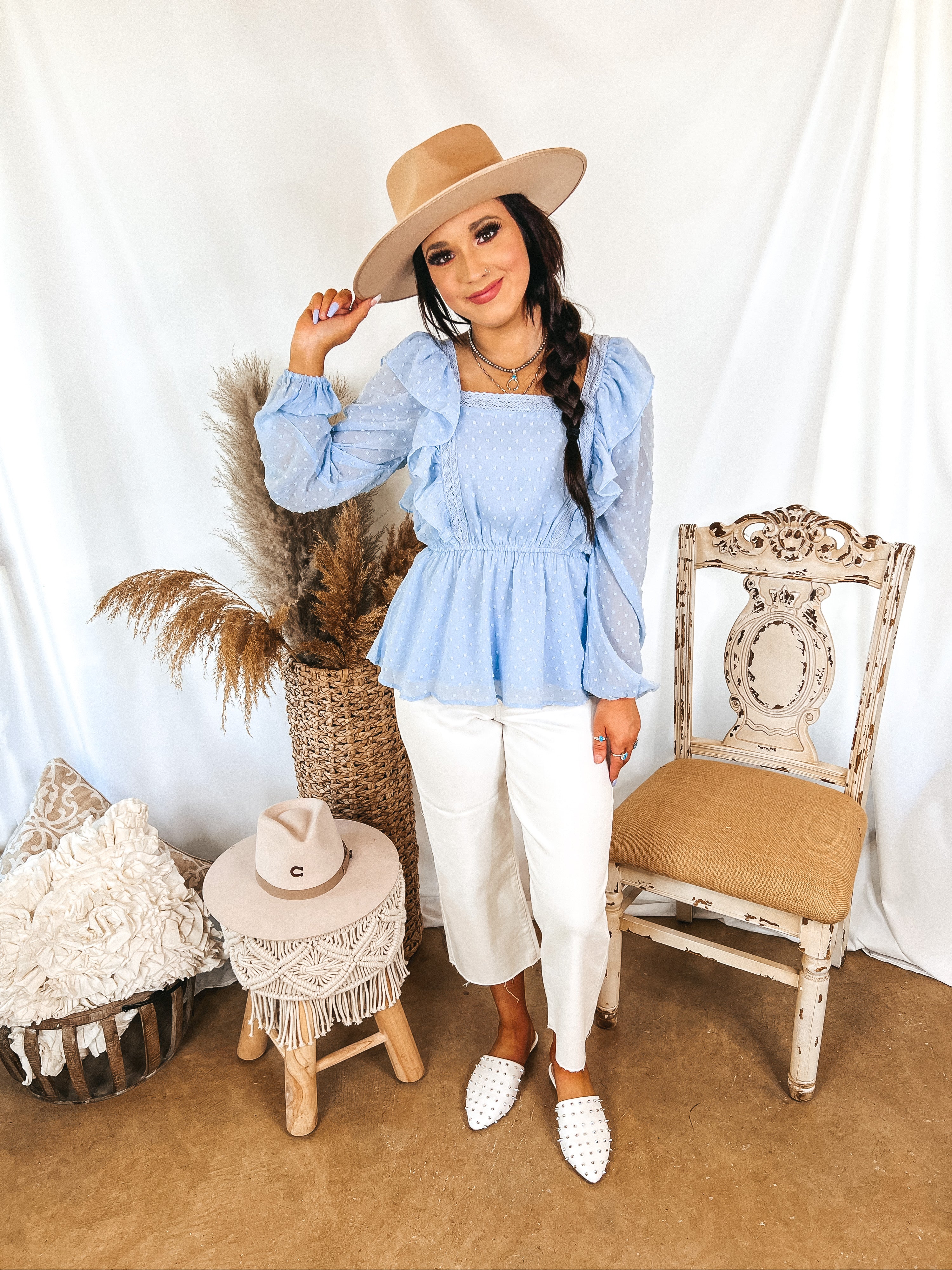 Spring Into Action Swiss Dot Long Sleeve Peplum Top with Ruffle Detail in Baby Blue - Giddy Up Glamour Boutique