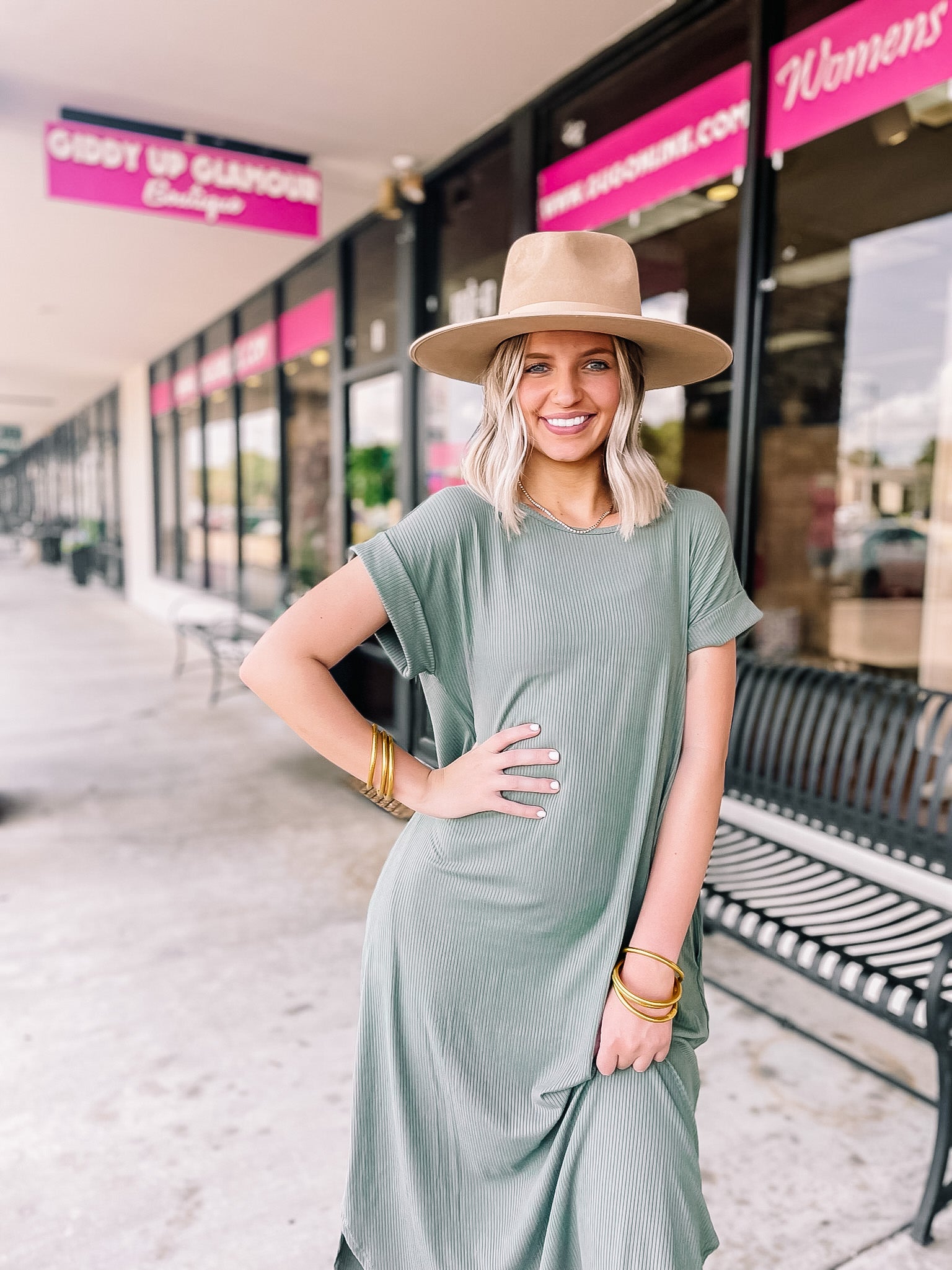 Chill Looks Short Sleeve Thin Ribbed Midi Dress in Olive Green - Giddy Up Glamour Boutique