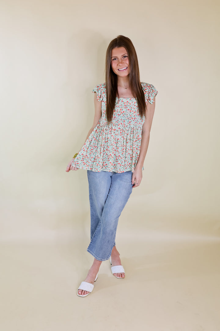 Magic Melody Floral Babydoll Tank Top in Light Sage Green - Giddy Up Glamour Boutique