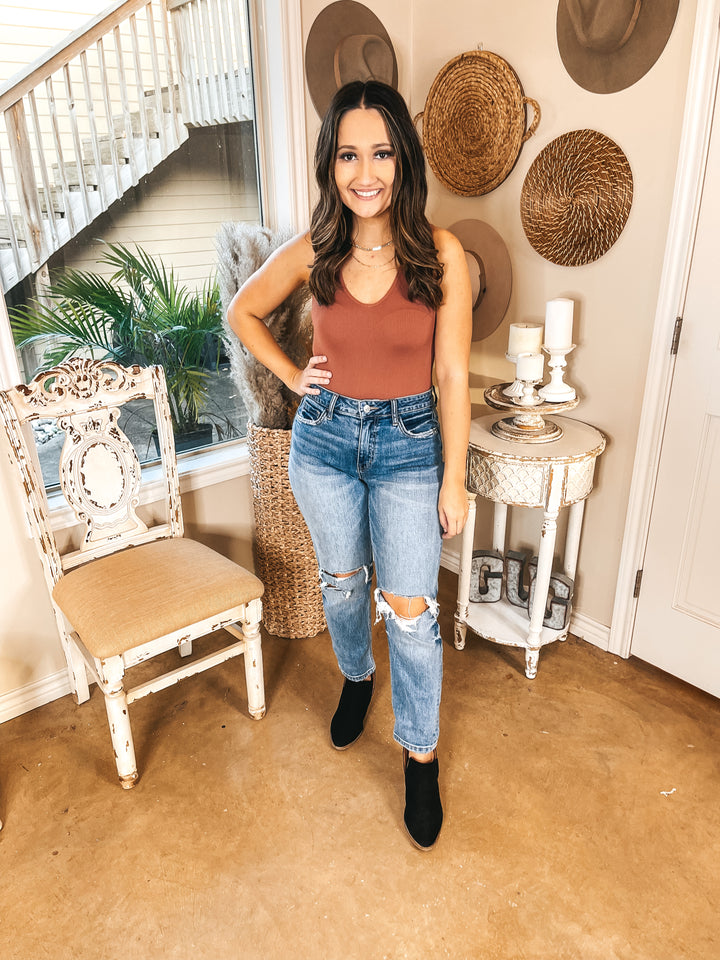 Soft Gaze Deep V Neck Ribbed Tank Top Bodysuit in Rust Brown - Giddy Up Glamour Boutique