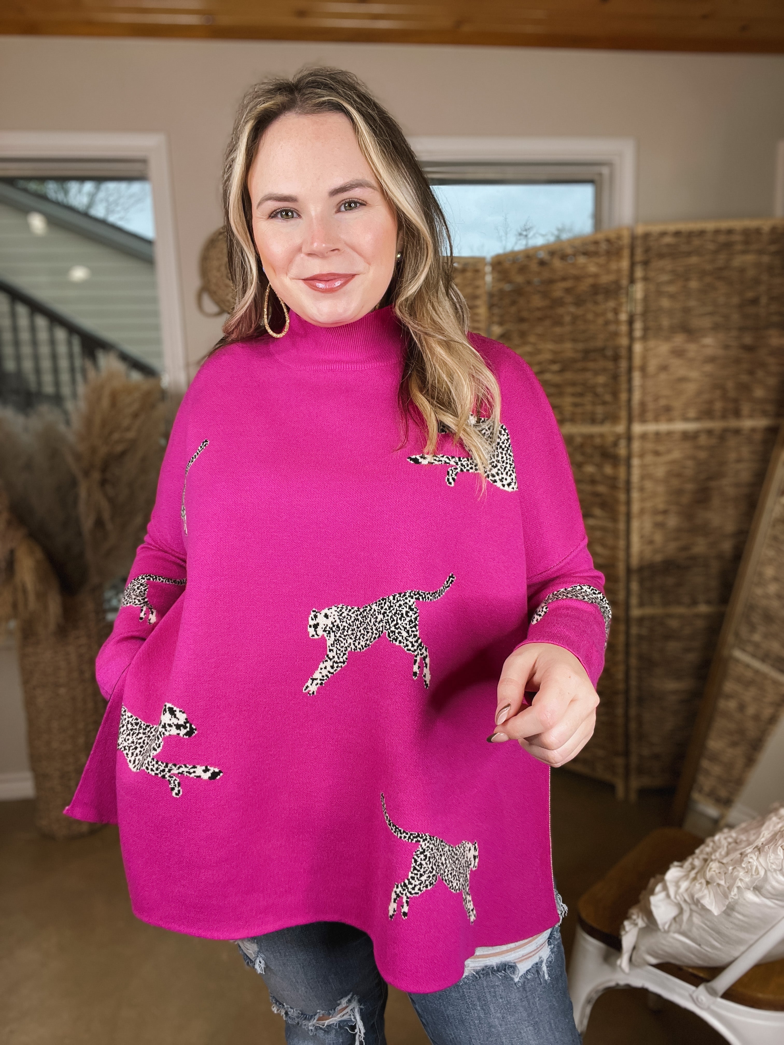 Cheetah Girls Mock Neck Cheetah Print Sweater in Hot Pink - Giddy Up Glamour Boutique