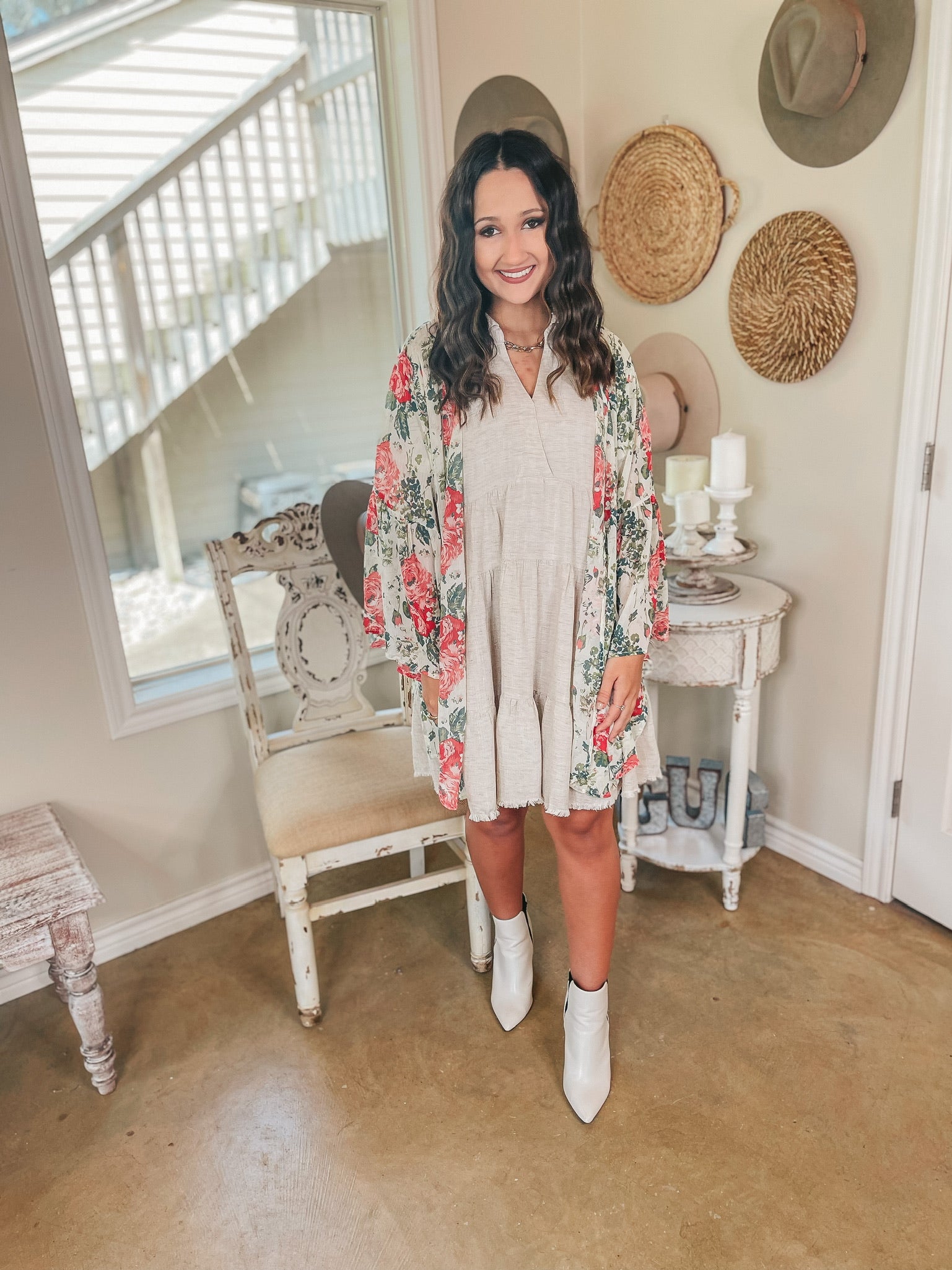 Floral Fidelity Floral Bell Sleeve Kimono in Ivory - Giddy Up Glamour Boutique