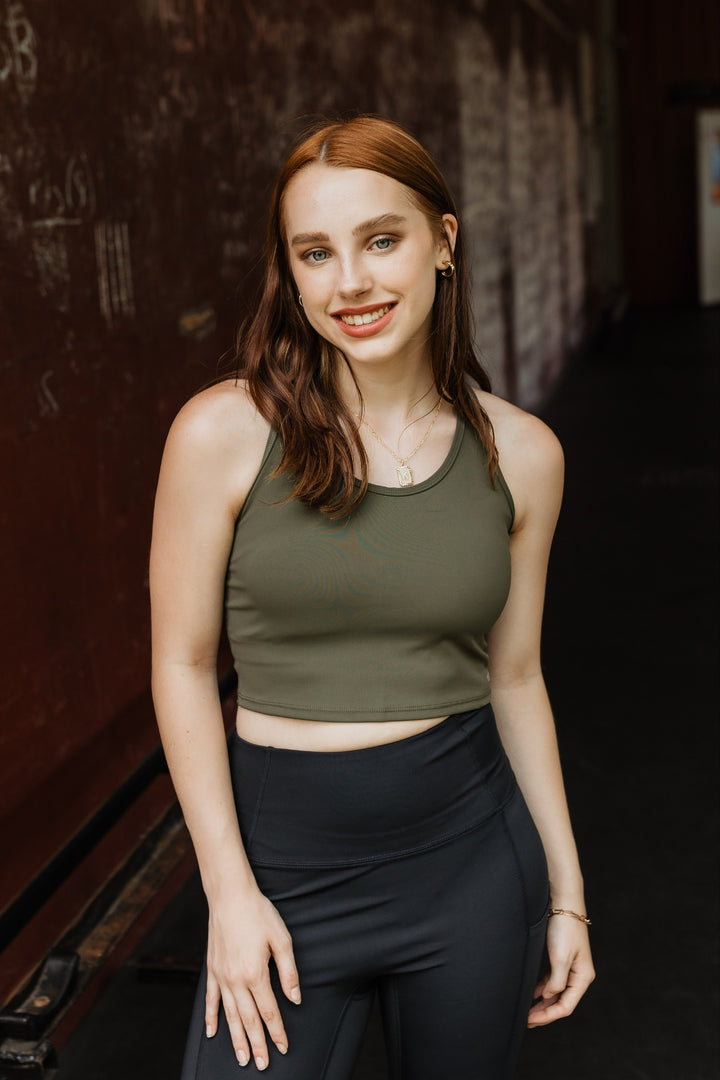 CrossFit Cutie Racer Back Tank Top Sports Bra in Olive Green - Giddy Up Glamour Boutique