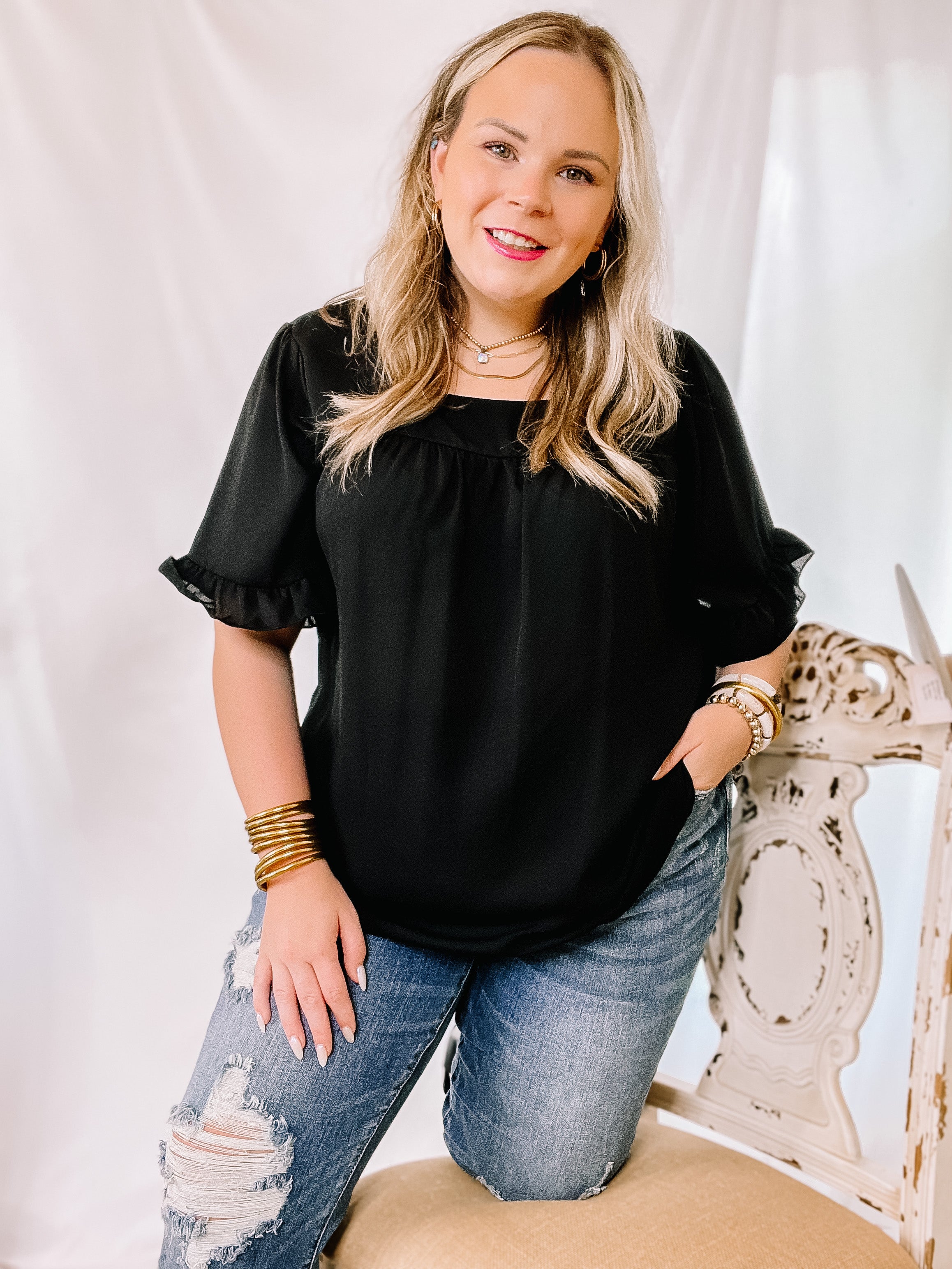 New Best Friend Square Neck Ruffle Short Sleeve Top in Black - Giddy Up Glamour Boutique
