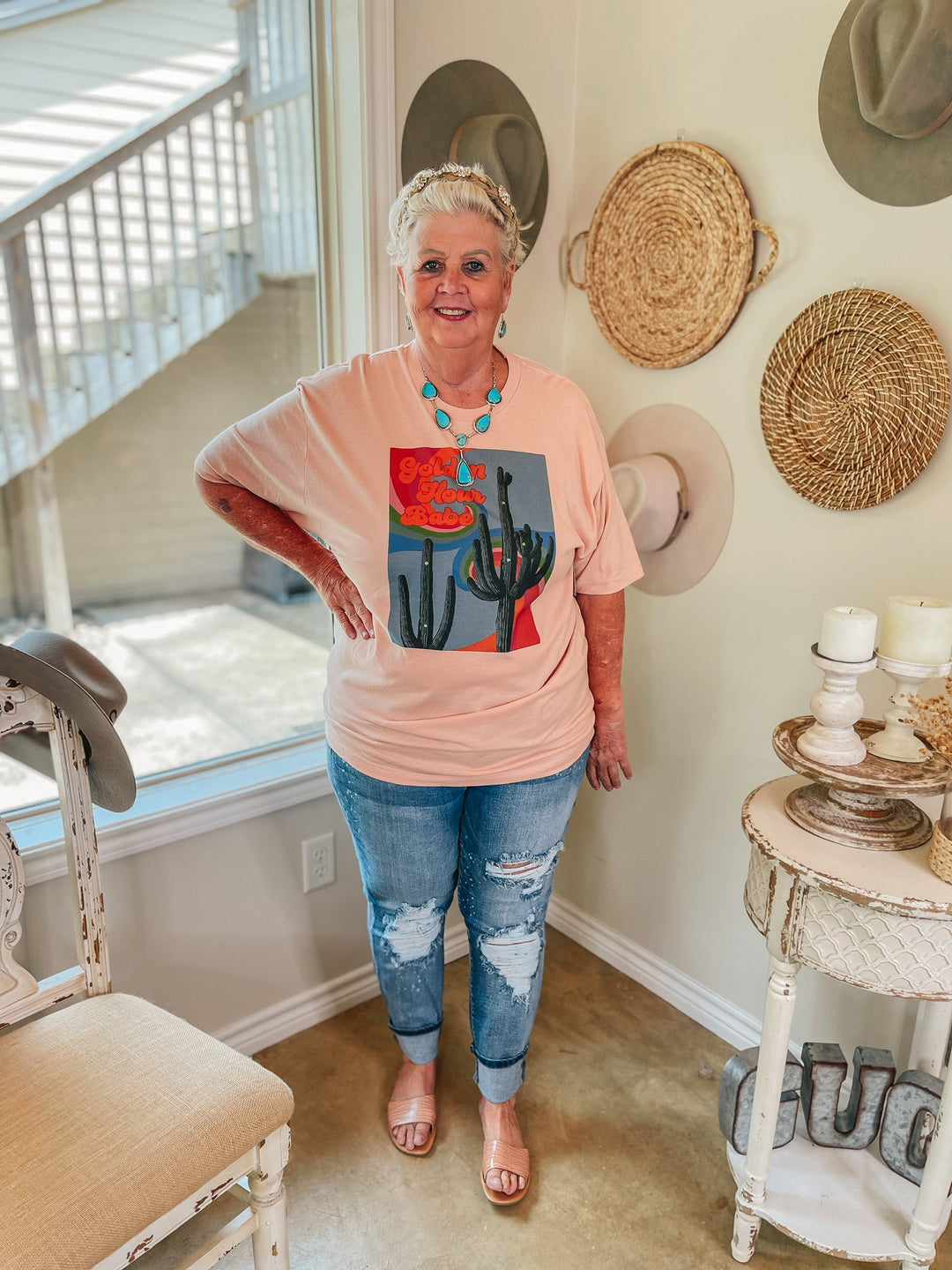 Golden Hour Babe Short Sleeve Saguaro Graphic Tee in Peach Pink - Giddy Up Glamour Boutique