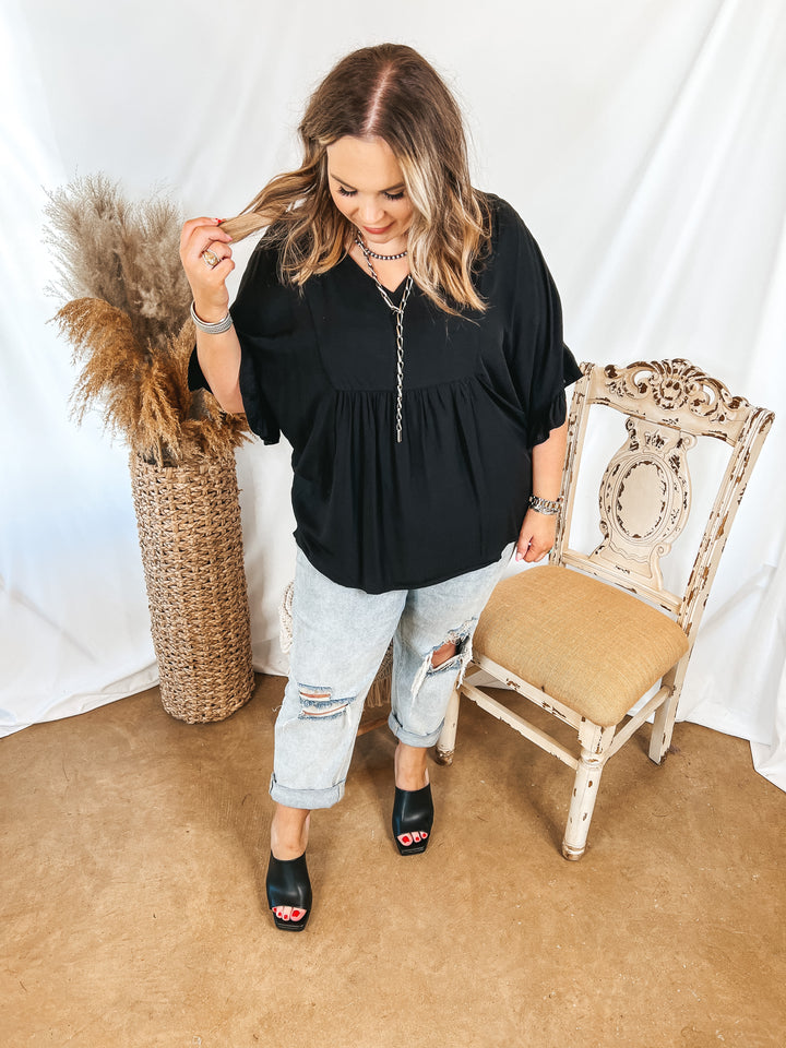 Blissful Moments Ruffle Sleeve V Neck Blouse in Black - Giddy Up Glamour Boutique