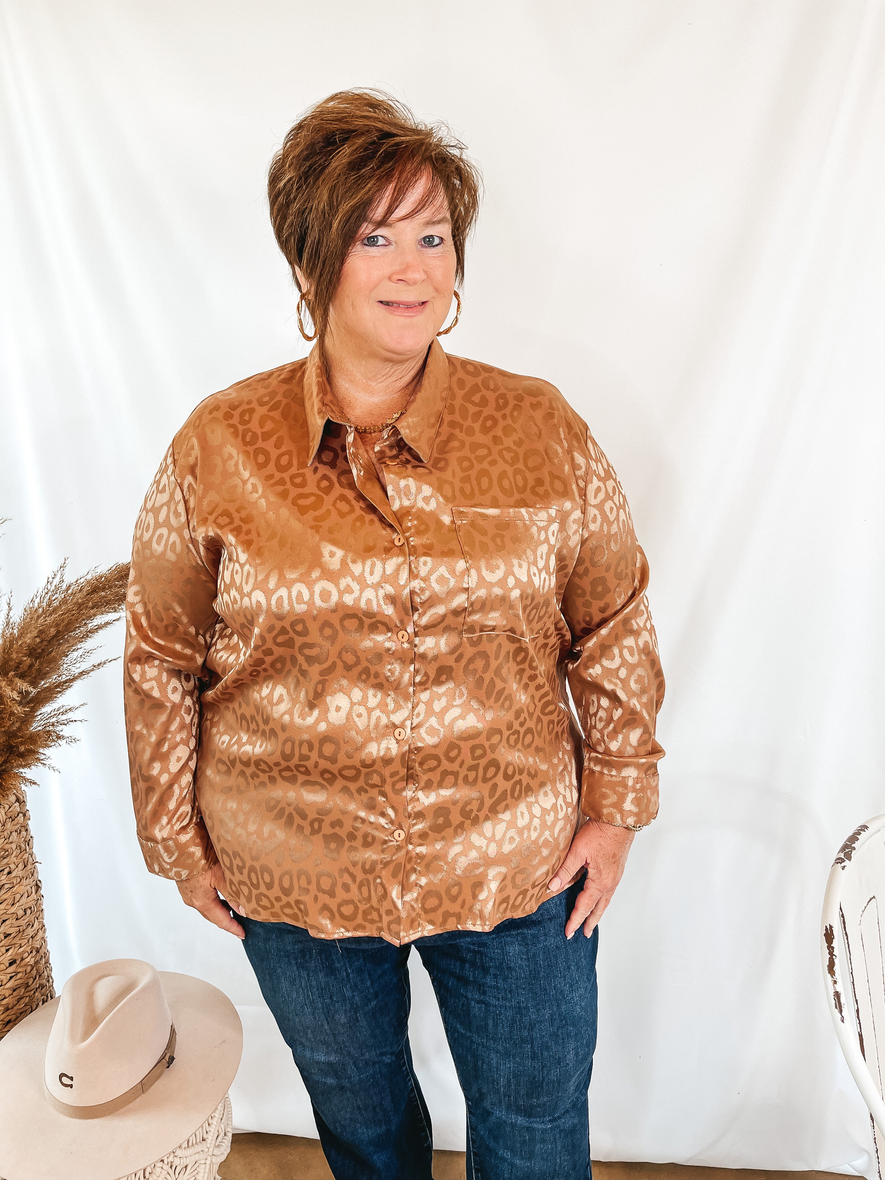 Top It Off Long Sleeve Button Up Satin Leopard Top in Copper - Giddy Up Glamour Boutique