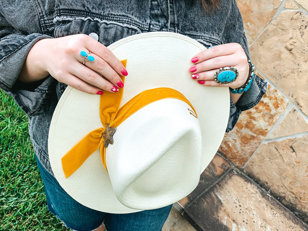 Charlie 1 Horse | Lone Star Love Straw Hat with Yellow Velvet Ribbon Band and Barbosa Star Concho Pin - Giddy Up Glamour Boutique
