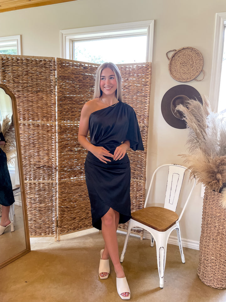 Graceful and Gorgeous One Shoulder Satin Midi Dress in Black - Giddy Up Glamour Boutique