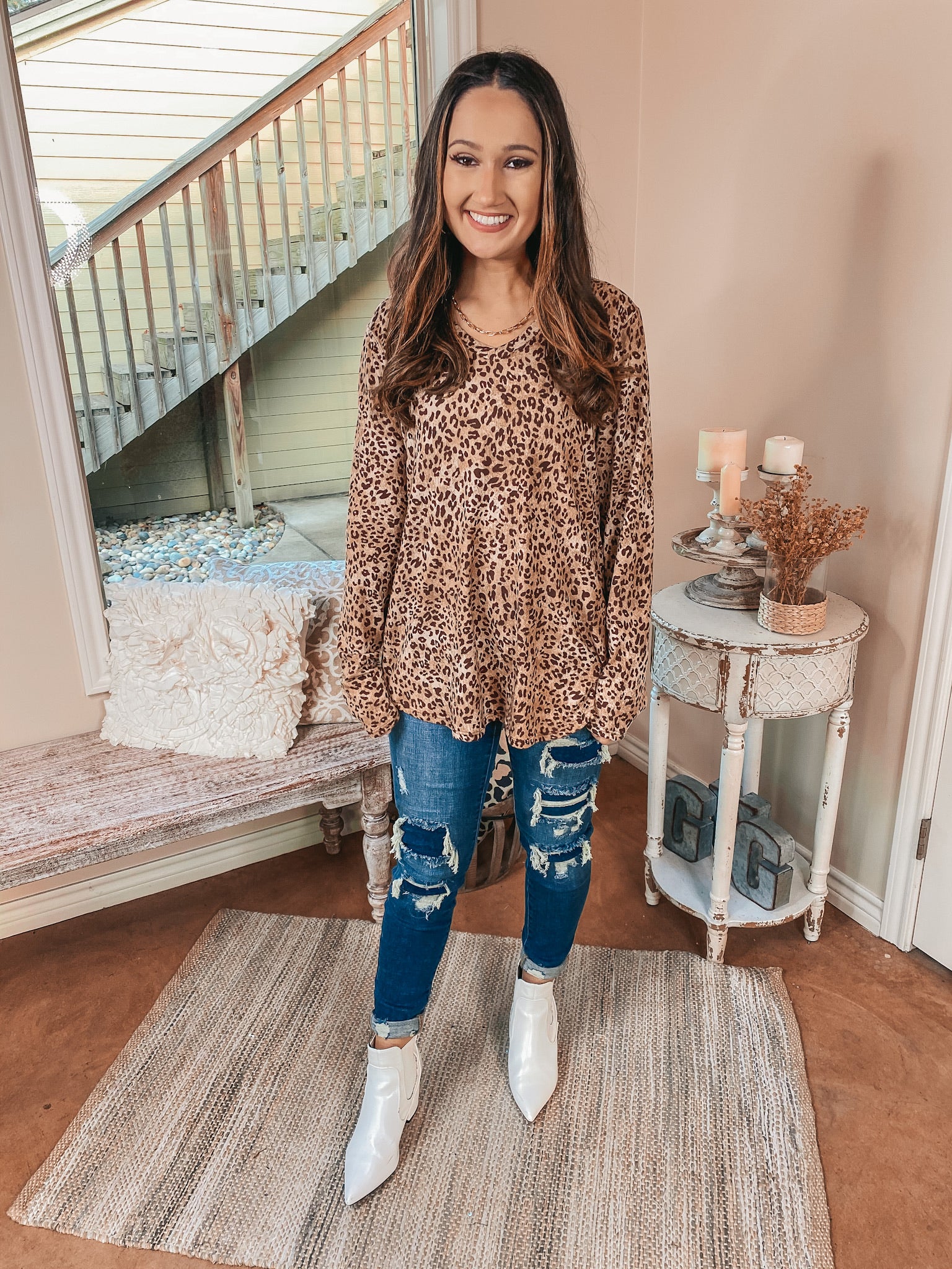 Keep Things Simple Long Sleeve V Neck Top in Washed Leopard - Giddy Up Glamour Boutique