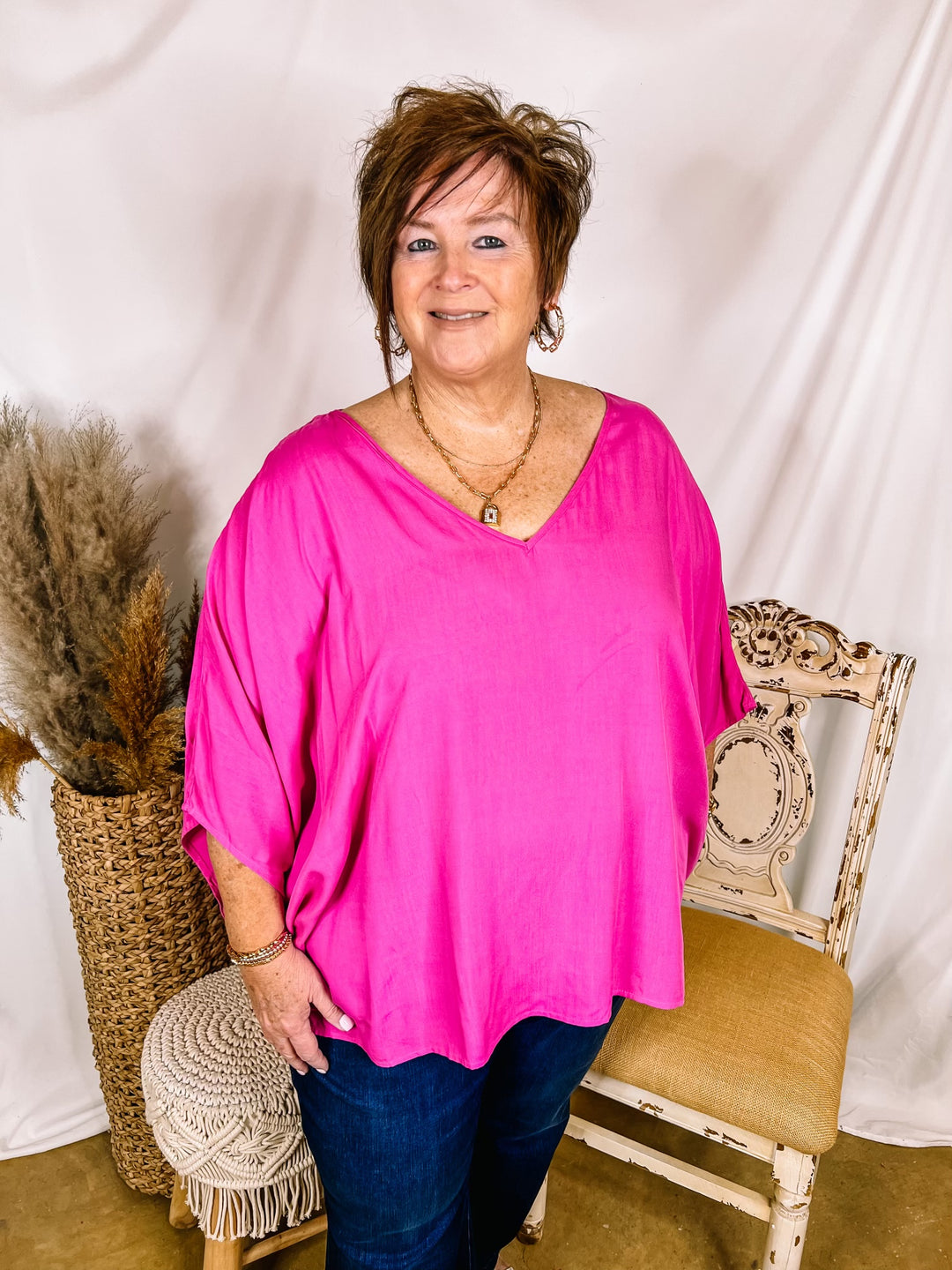 No Rules V Neck Poncho Top in Fuchsia Pink - Giddy Up Glamour Boutique