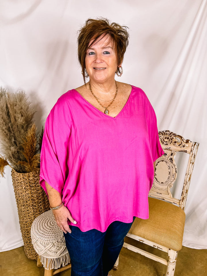 No Rules V Neck Poncho Top in Fuchsia Pink - Giddy Up Glamour Boutique