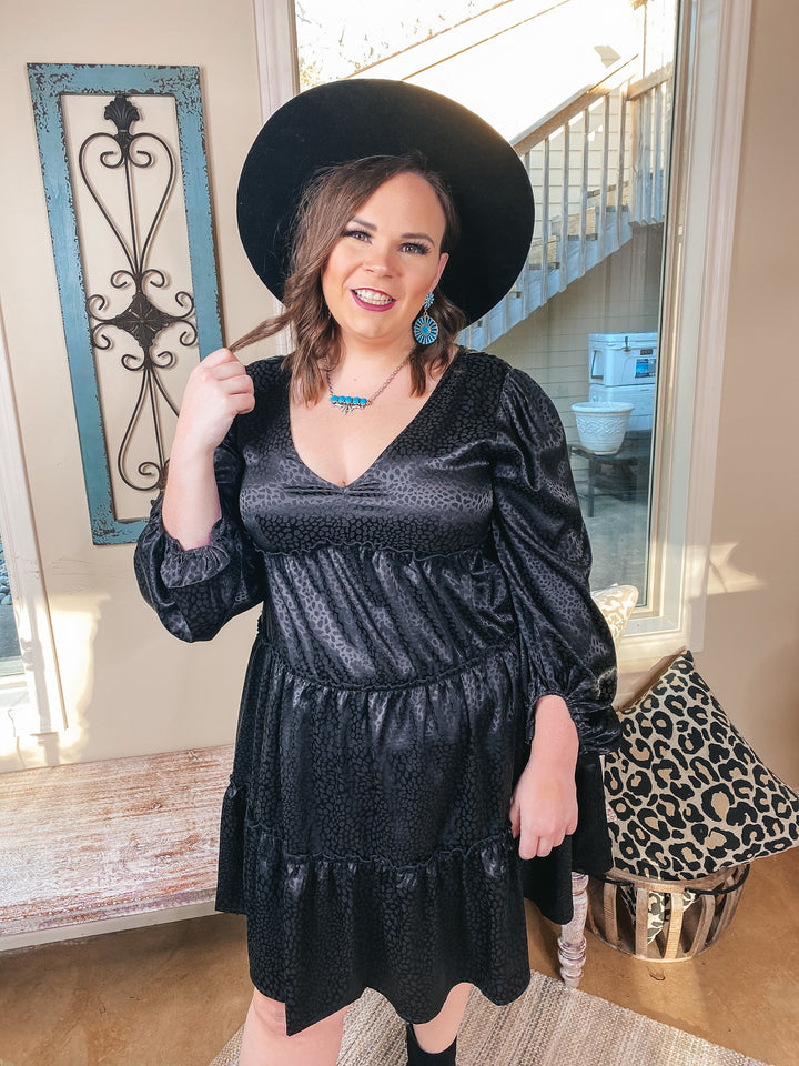 Midnight Shine Dotted Ruffle Tiered Satin Dress with Back Tie in Black - Giddy Up Glamour Boutique