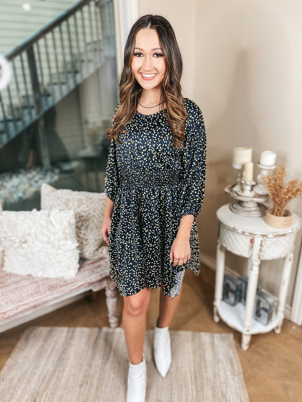 Sunday Fun Day Asymmetrical Half Sleeve Dress with Ivory and Yellow Dots in Black - Giddy Up Glamour Boutique