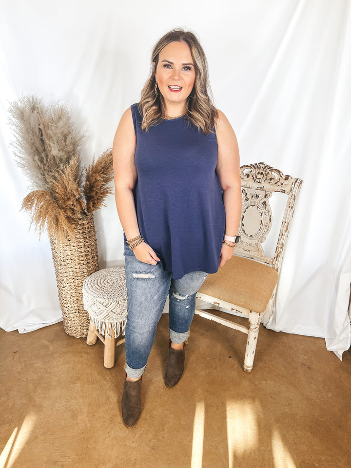 Give Me Joy Solid Knit A-Line Tank Top in Dusty Navy Blue - Giddy Up Glamour Boutique