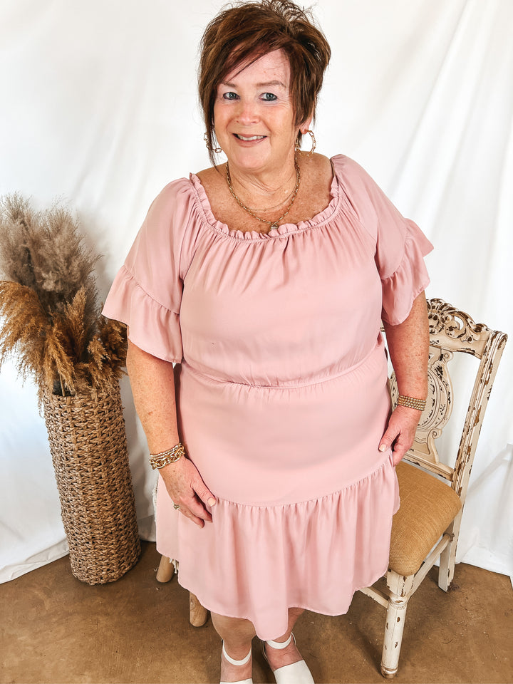 Visions of Romance Off the Shoulder Ruffle Tiered Dress in Dusty Pink - Giddy Up Glamour Boutique