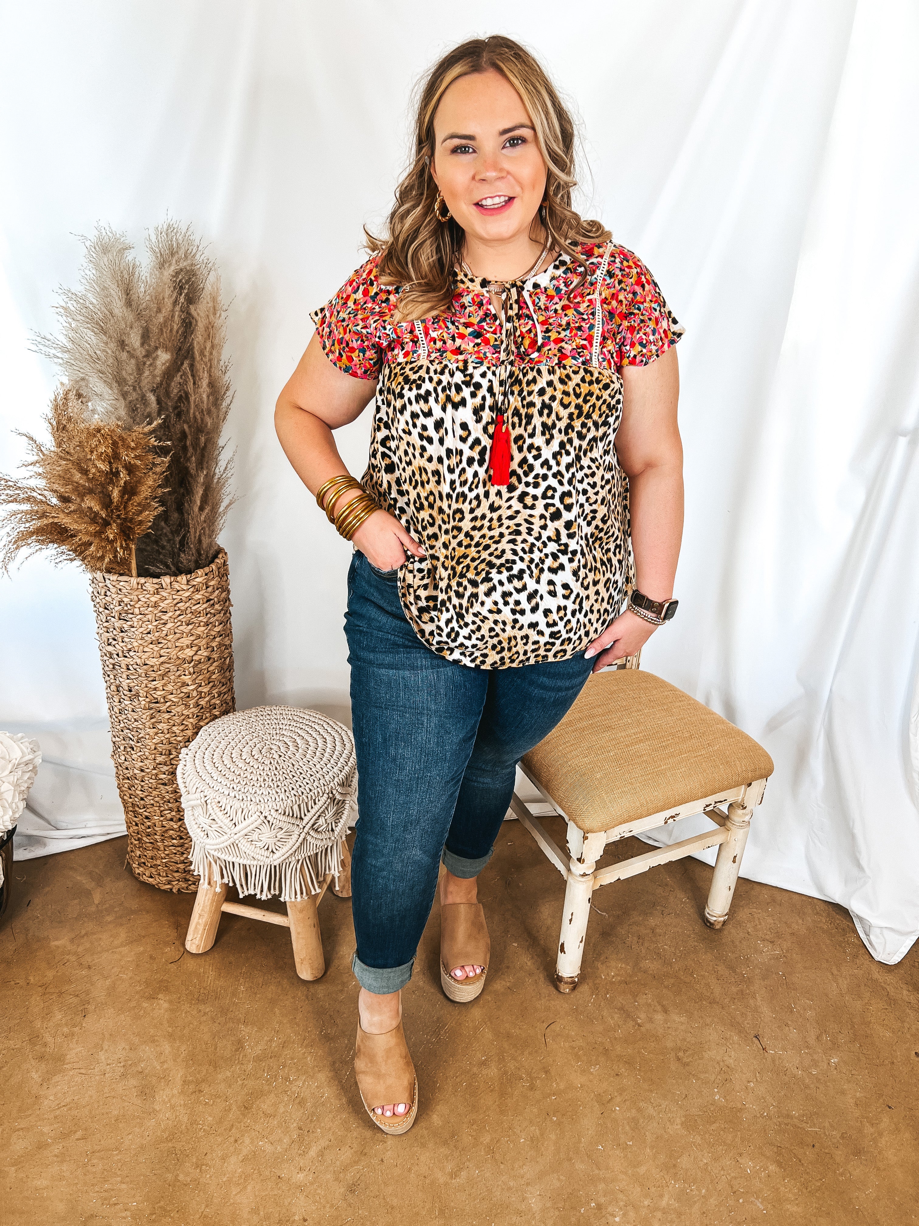 Fredericksburg In the Spring Embroidered Short Sleeve Top with Front Keyhole in Leopard Print - Giddy Up Glamour Boutique