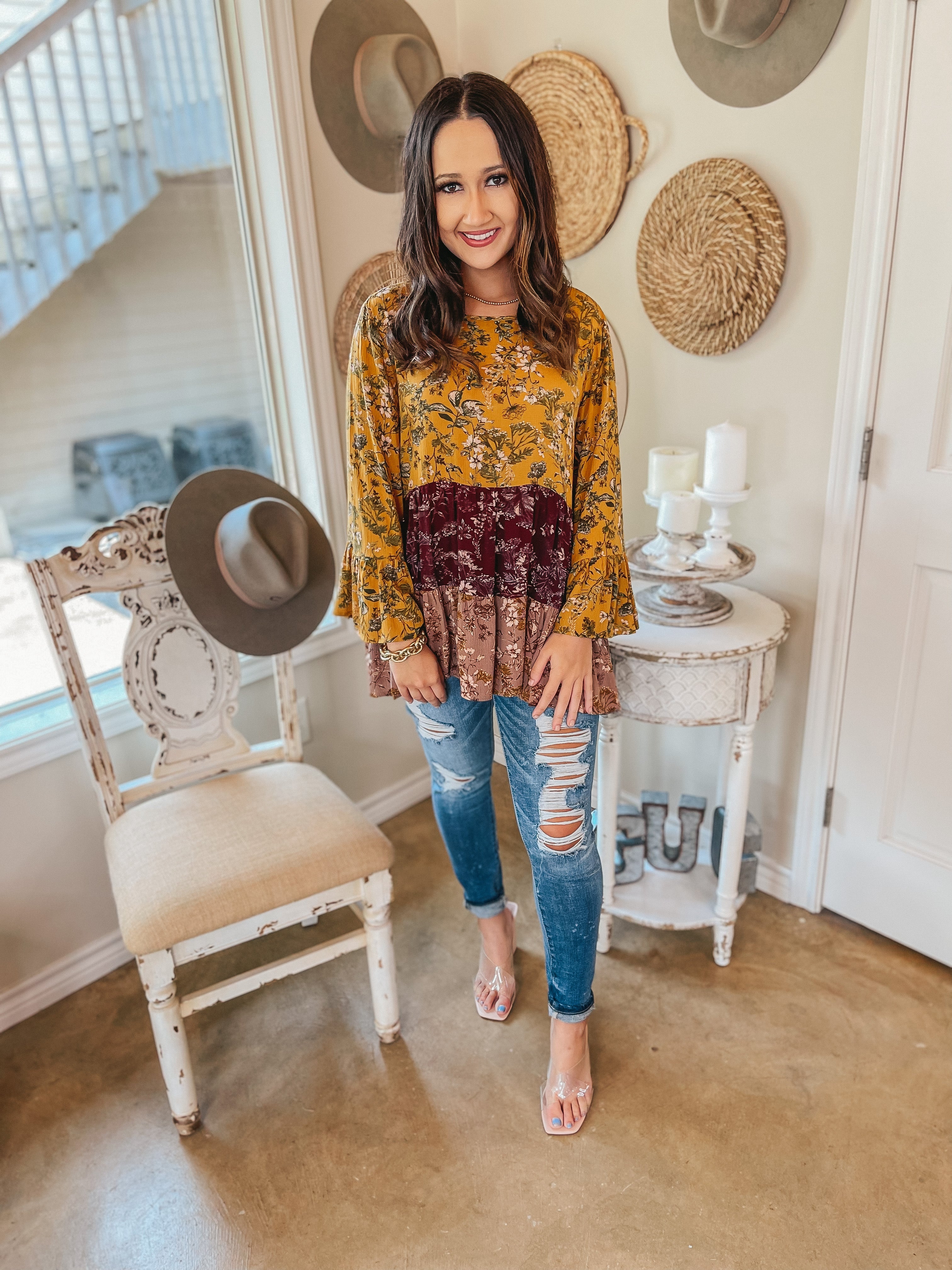 Falling For Style Floral Ruffle Tier Long Sleeve Top in Taupe, Mustard, and Burgundy - Giddy Up Glamour Boutique