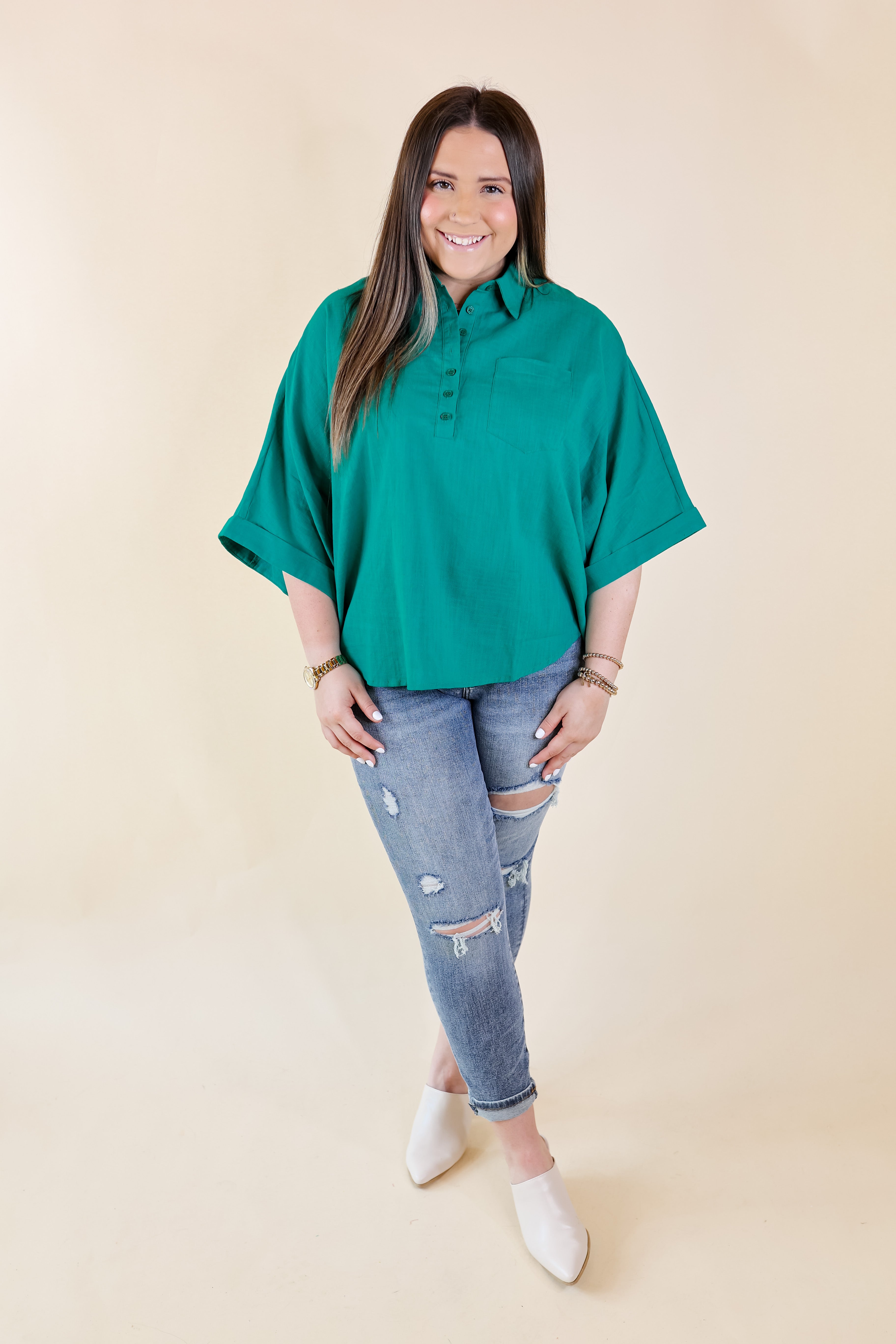 Sweet Surprise Half Button Up Poncho Top with Collared Neckline in Teal Green - Giddy Up Glamour Boutique