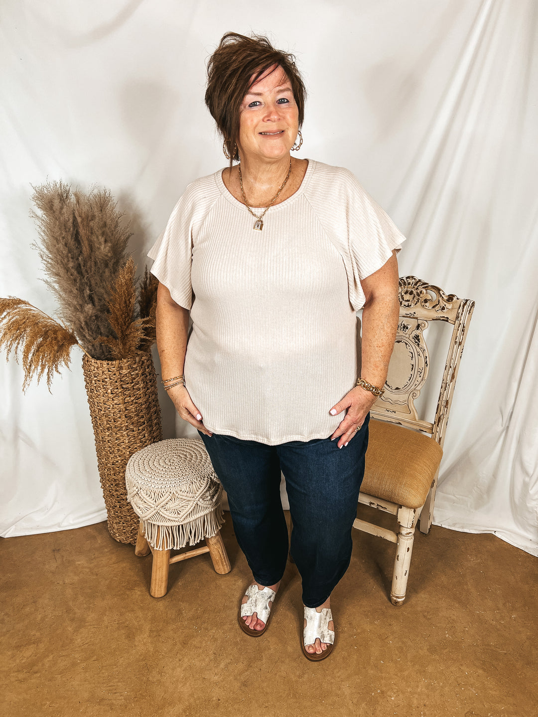 Clever and Kind Ribbed Short Sleeve Top in Cream - Giddy Up Glamour Boutique