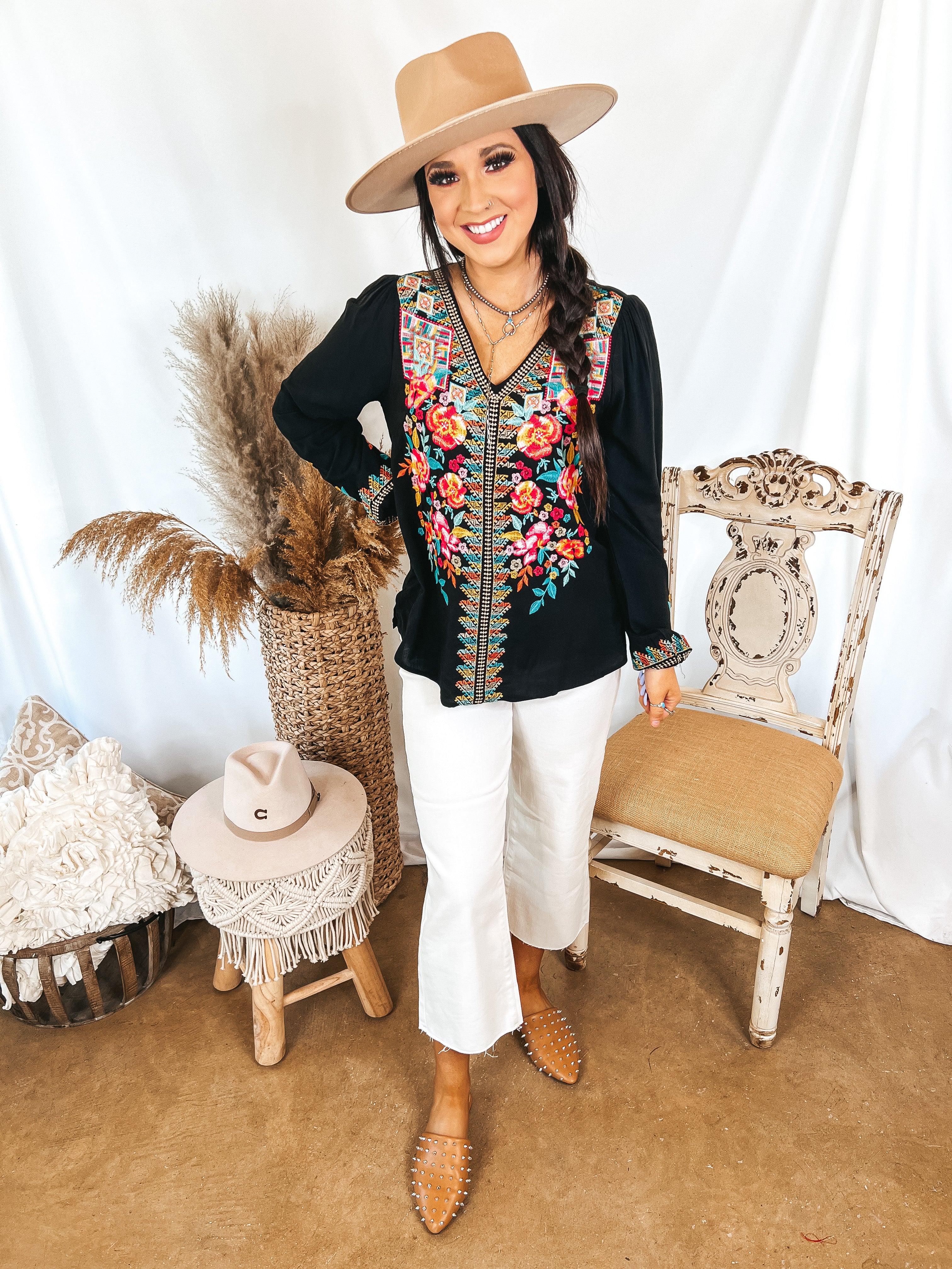 Brunch With Me Long Sleeve Embroidered Top with V Neckline in Black - Giddy Up Glamour Boutique