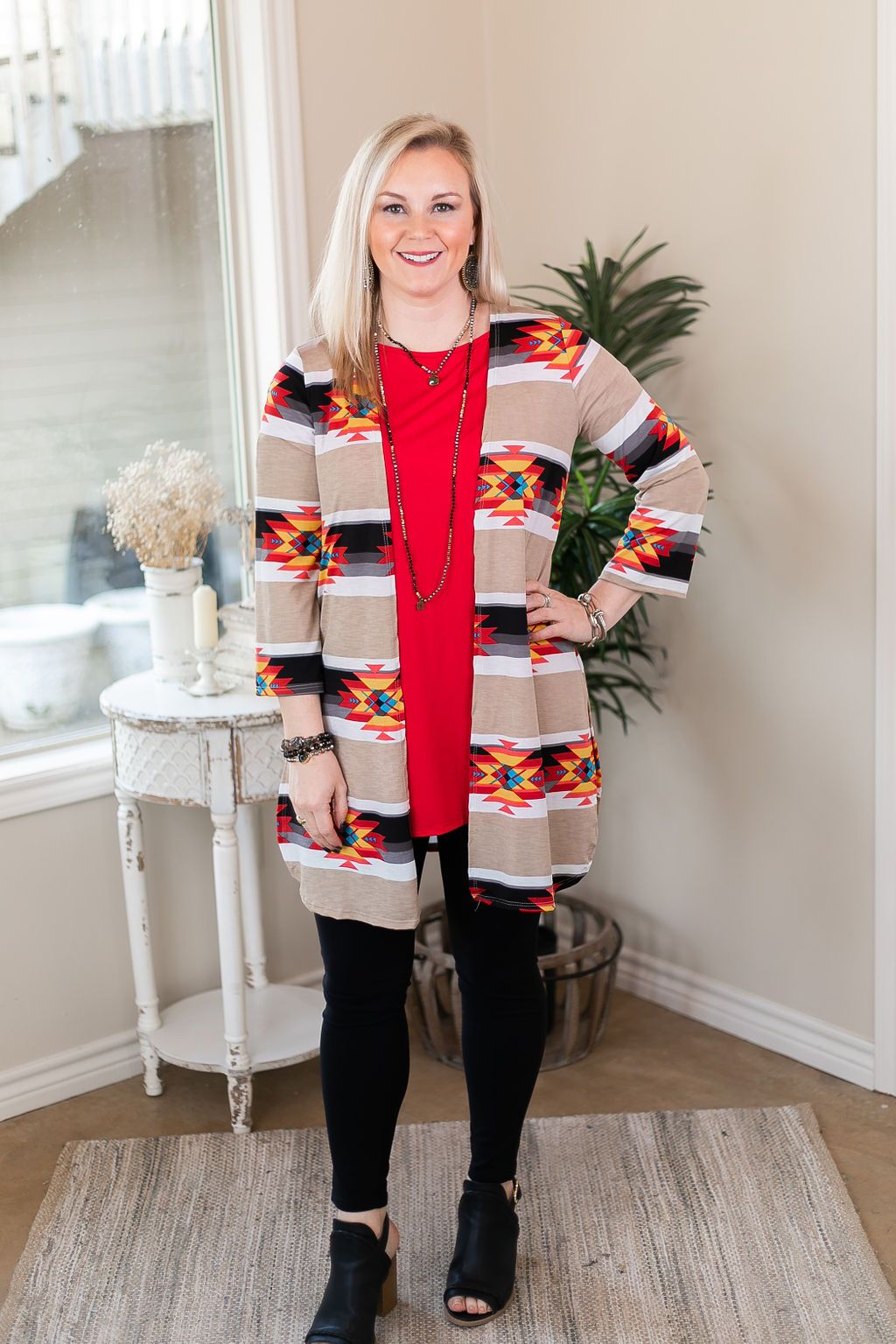 All Eyes On You Aztec Print Cardigan in Tan and Black red tribal print kimono