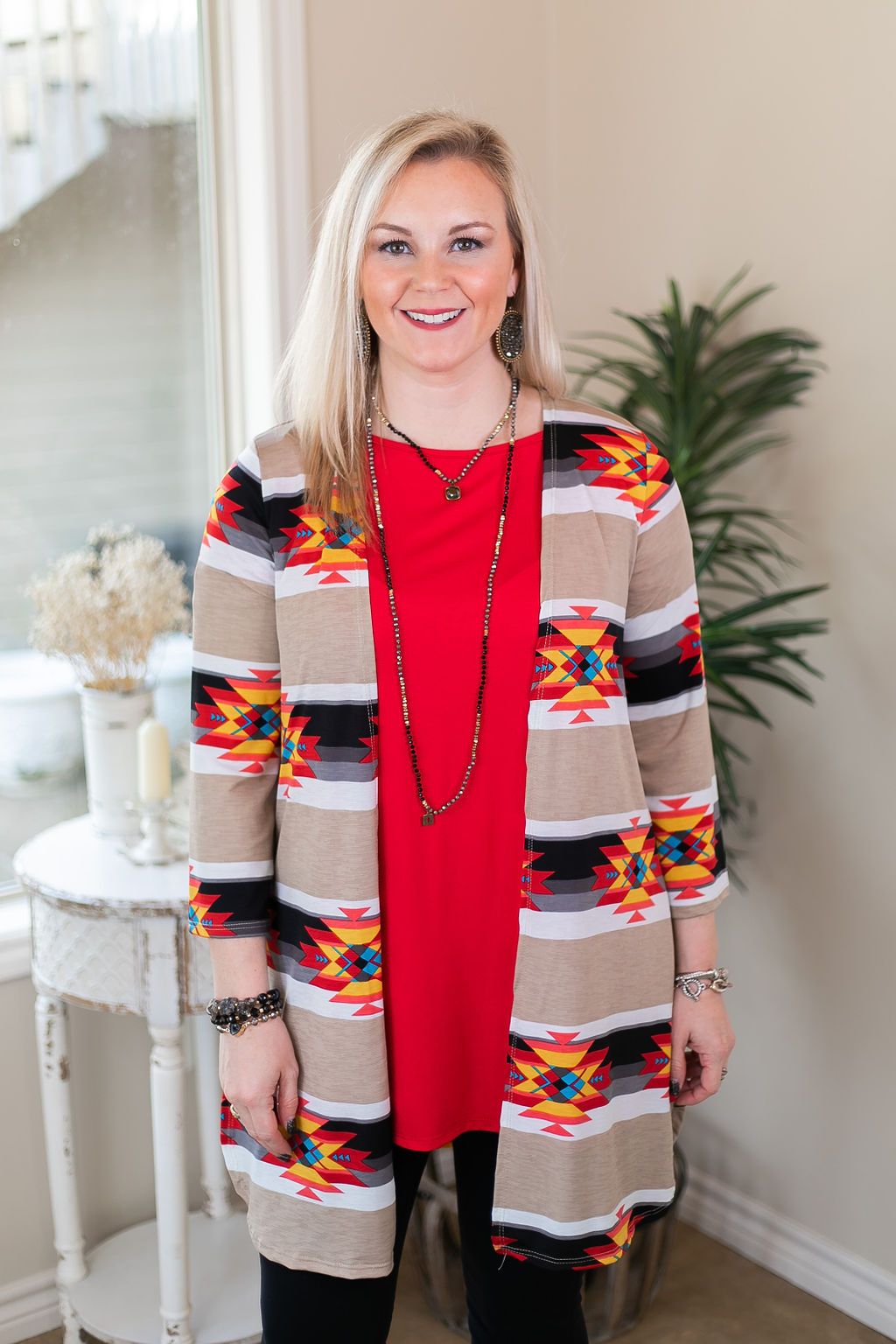 All Eyes On You Aztec Print Cardigan in Tan and Black red tribal print kimono