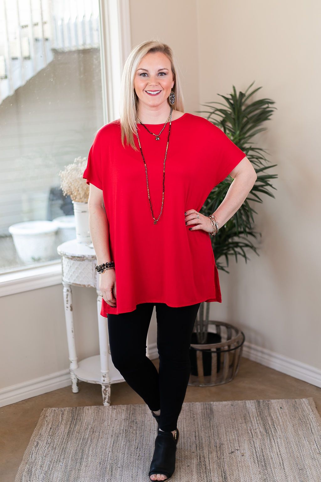 Everyday Basics Drop Sleeve Solid Piko Top in Red