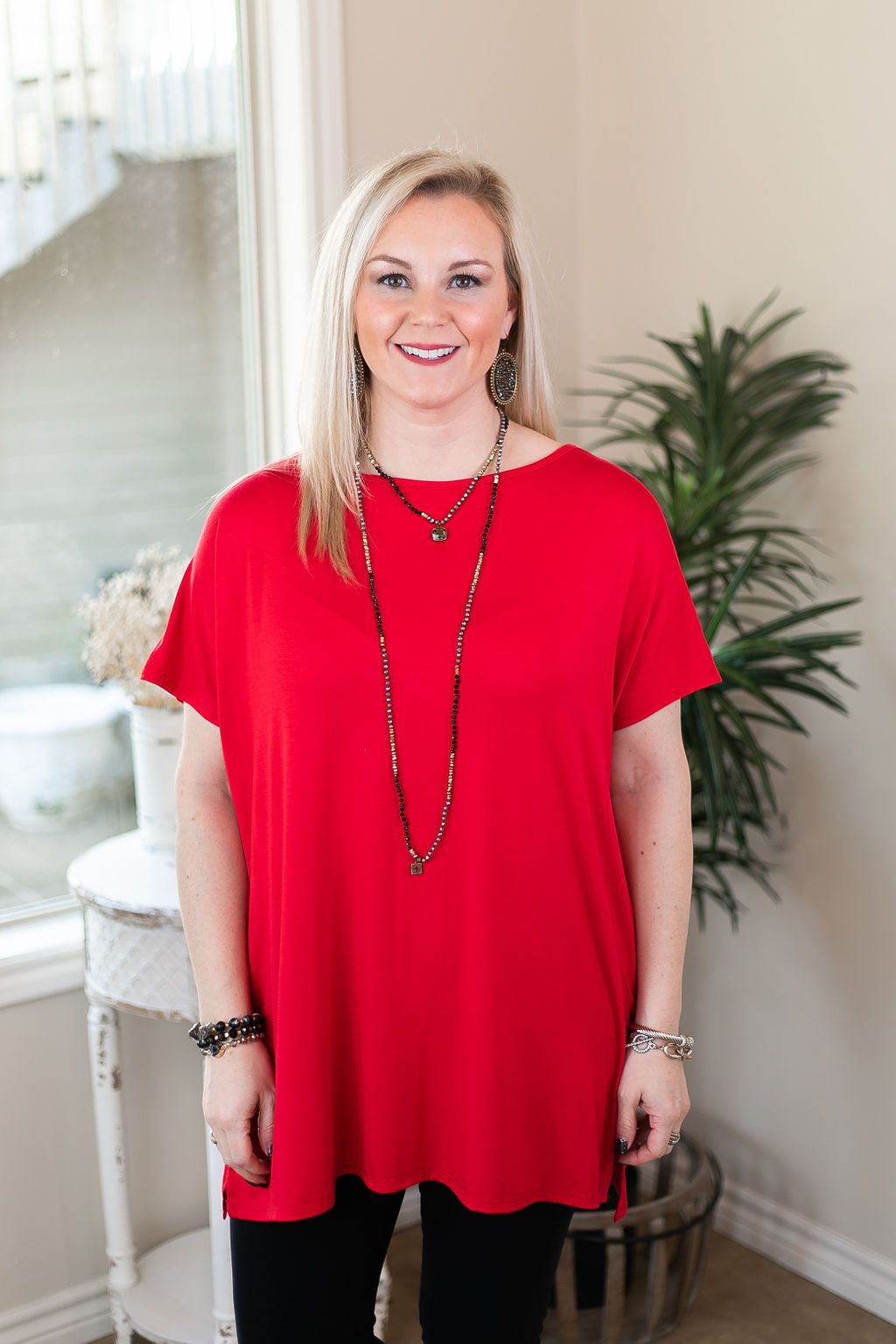 Everyday Basics Drop Sleeve Solid Piko Top in Red