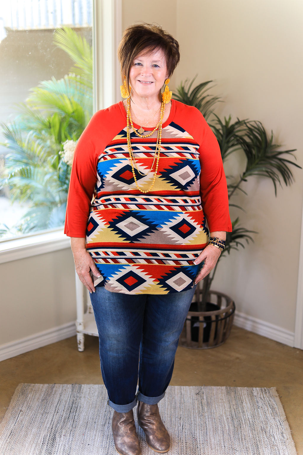 Last Chance Size Small & Medium | Make You Miss Me Aztec Top with 3/4 Sleeves in Rust Orange - Giddy Up Glamour Boutique